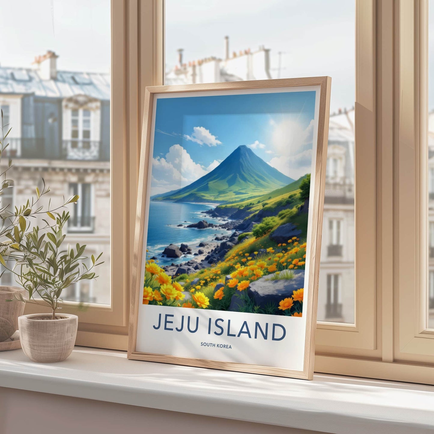 Jeju Island Poster - South Korea Travel Art - Mountain Ocean Flowers Wall Decor