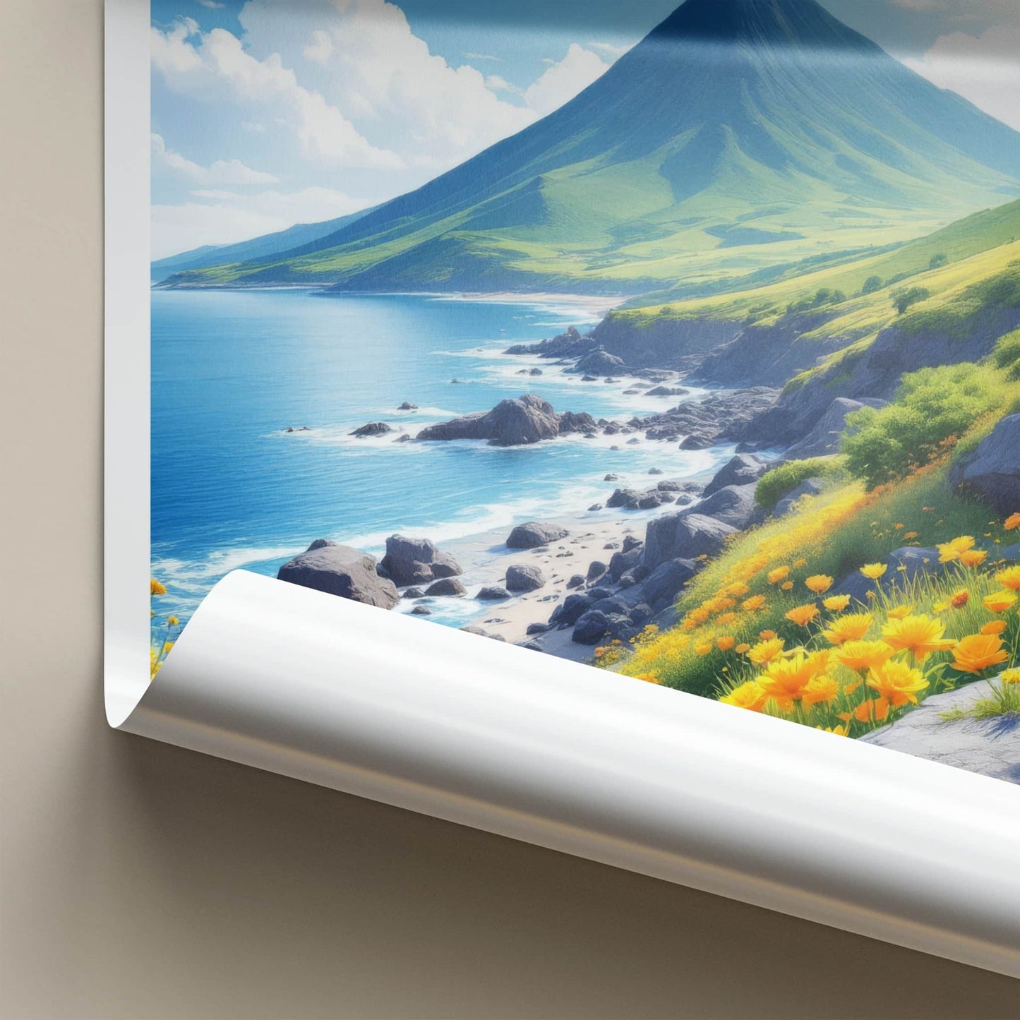 Jeju Island Poster - South Korea Travel Art - Mountain Ocean Flowers Wall Decor