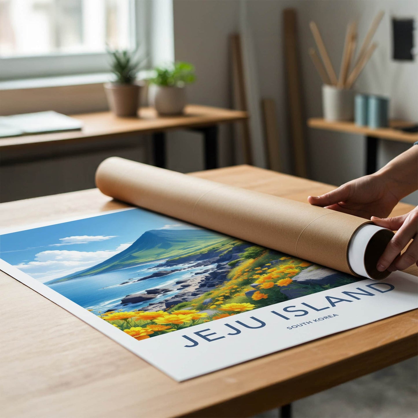 Jeju Island Poster - South Korea Travel Art - Mountain Ocean Flowers Wall Decor