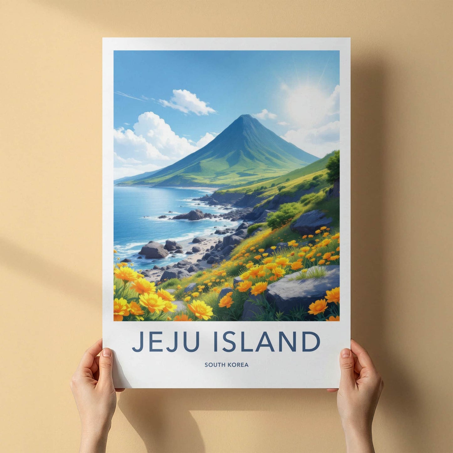 Jeju Island Poster - South Korea Travel Art - Mountain Ocean Flowers Wall Decor