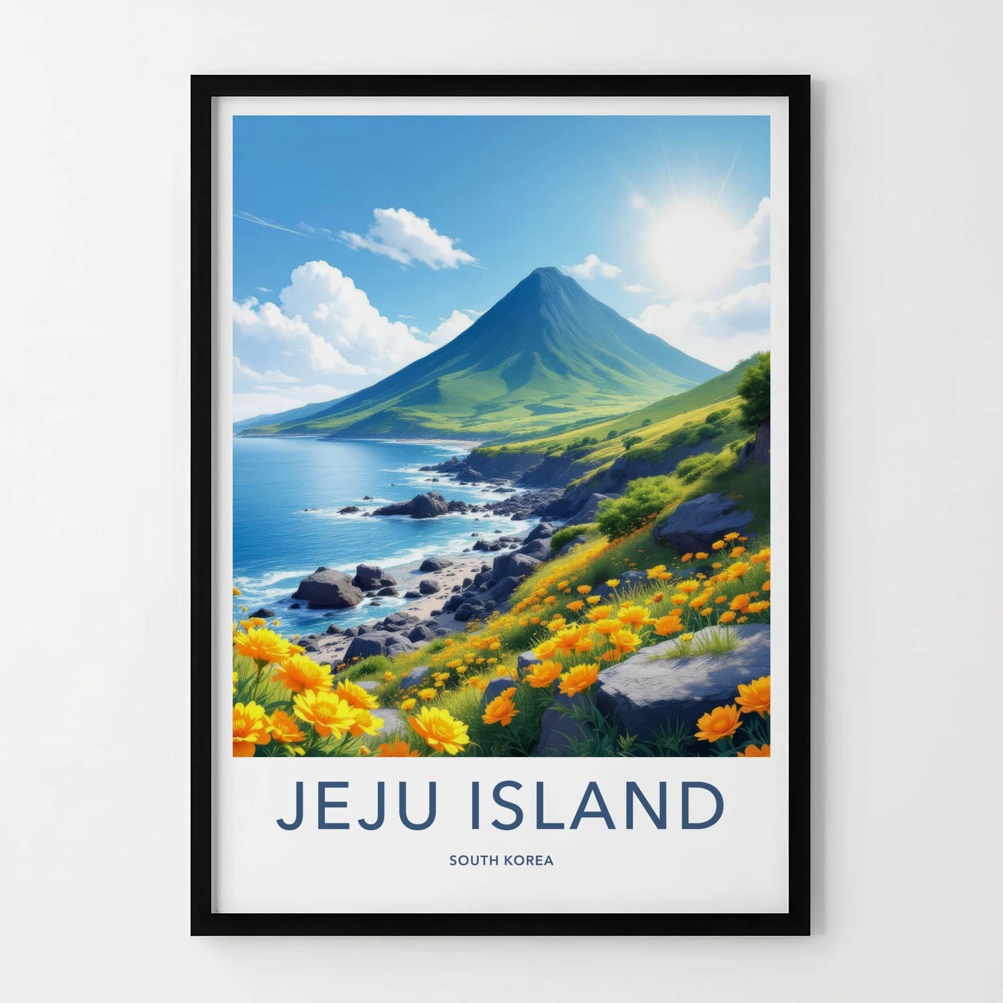 Jeju Island Poster - South Korea Travel Art - Mountain Ocean Flowers Wall Decor