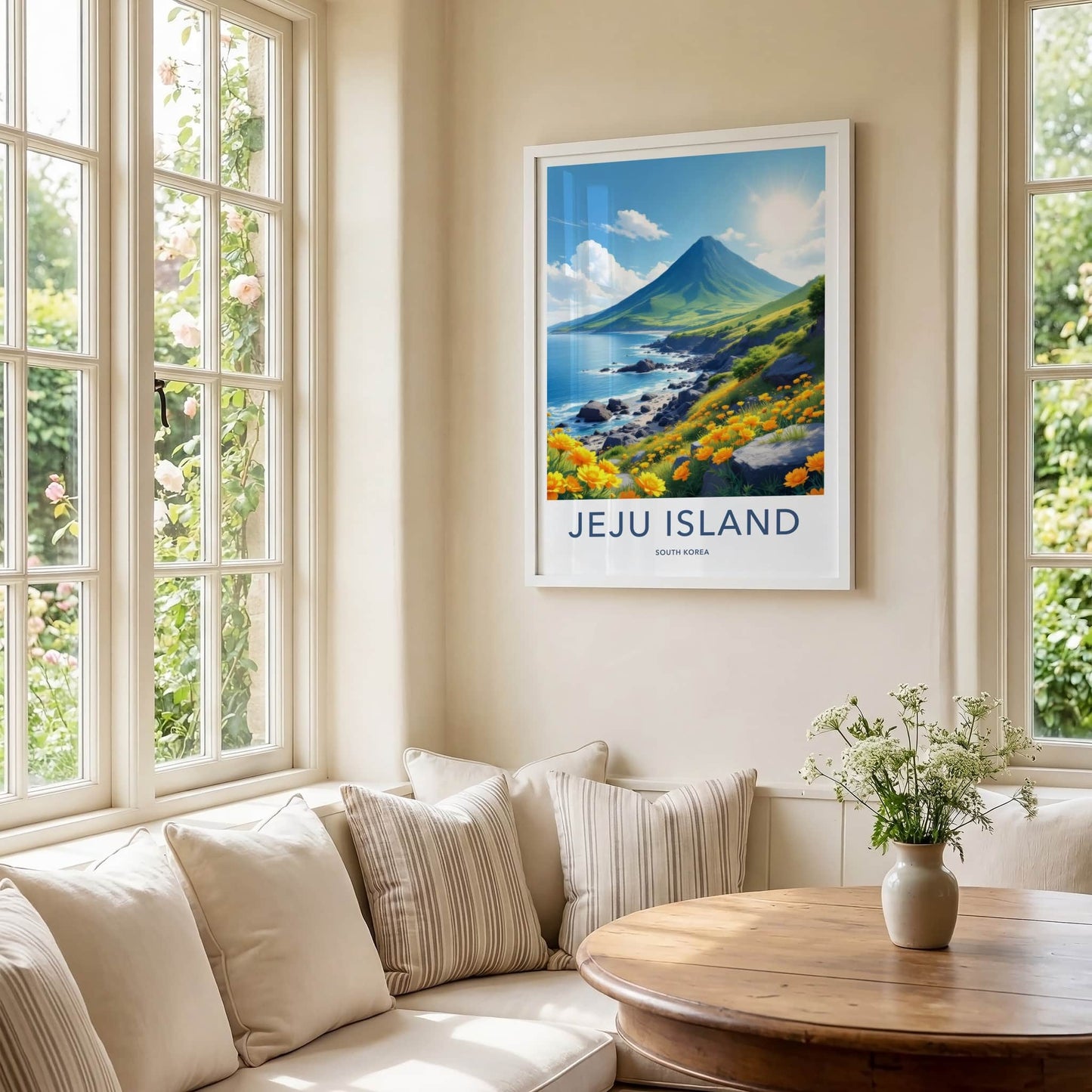 Jeju Island Poster - South Korea Travel Art - Mountain Ocean Flowers Wall Decor
