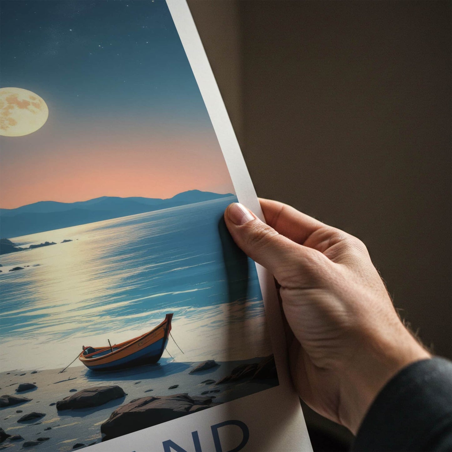 Jeju Island Poster - South Korea Travel Print - Moonlit Coastal Boats Home Decor