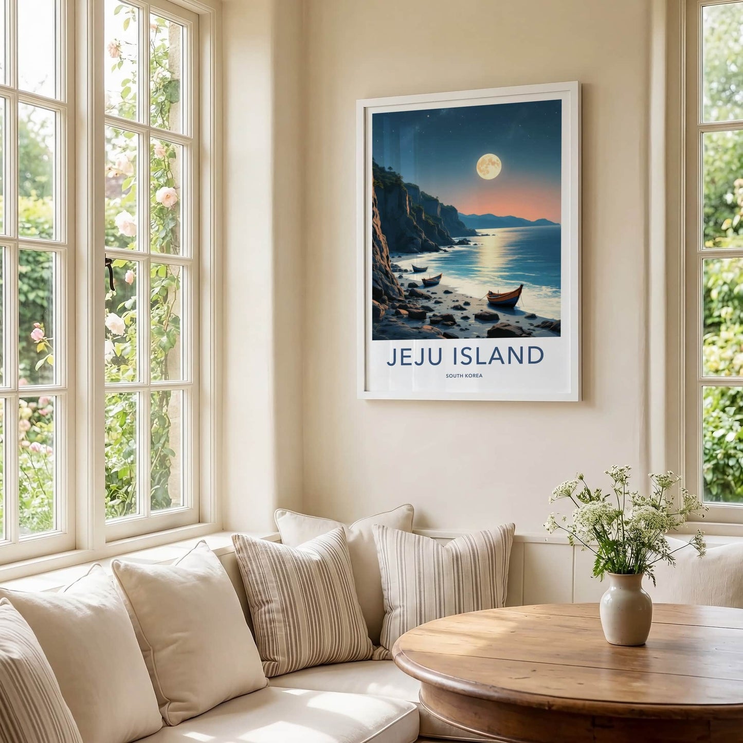 Jeju Island Poster - South Korea Travel Print - Moonlit Coastal Boats Home Decor
