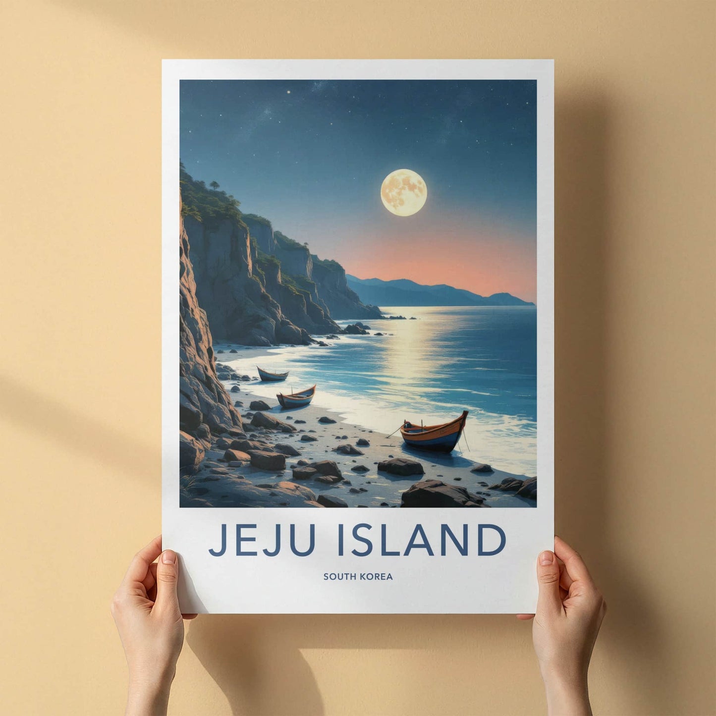 Jeju Island Poster - South Korea Travel Print - Moonlit Coastal Boats Home Decor
