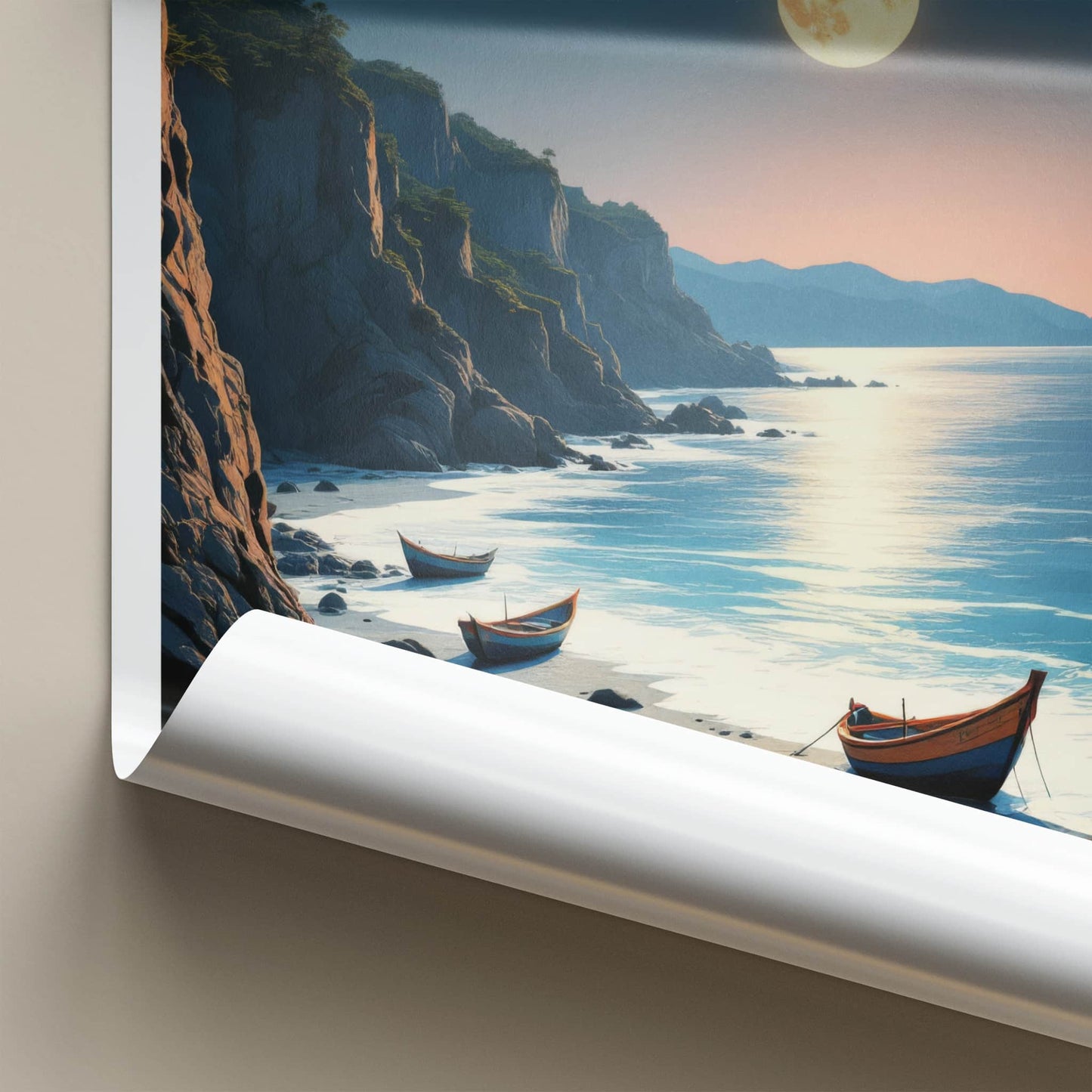Jeju Island Poster - South Korea Travel Print - Moonlit Coastal Boats Home Decor