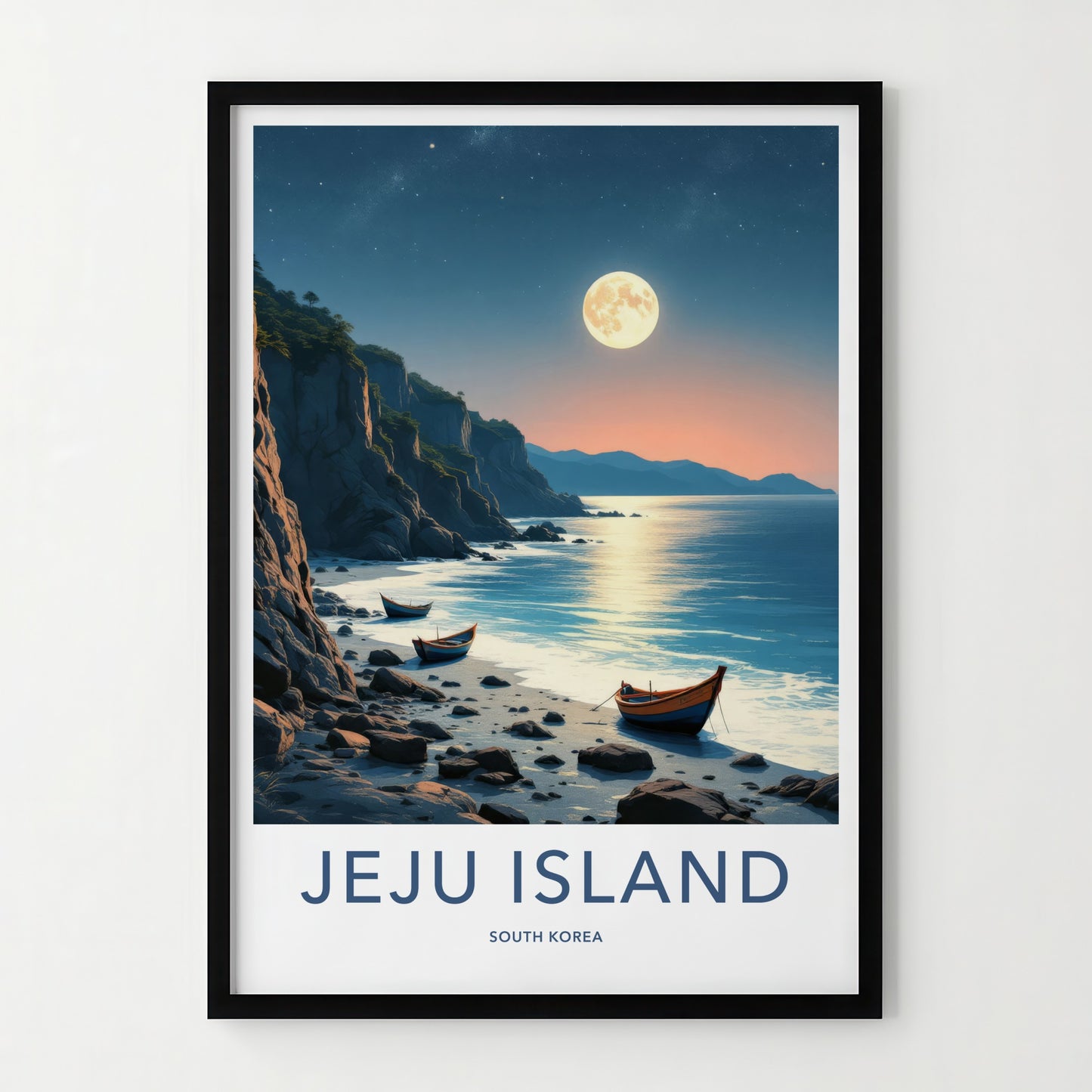 Jeju Island Poster - South Korea Travel Print - Moonlit Coastal Boats Home Decor