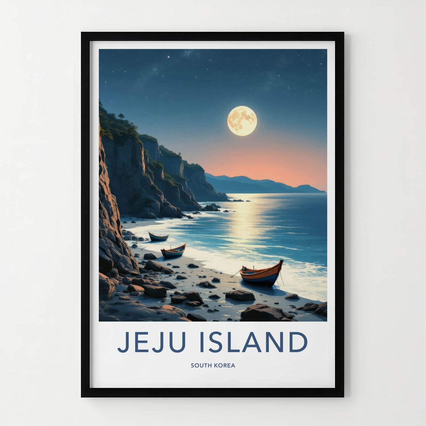 Jeju Island Poster - South Korea Travel Print - Moonlit Coastal Boats Home Decor