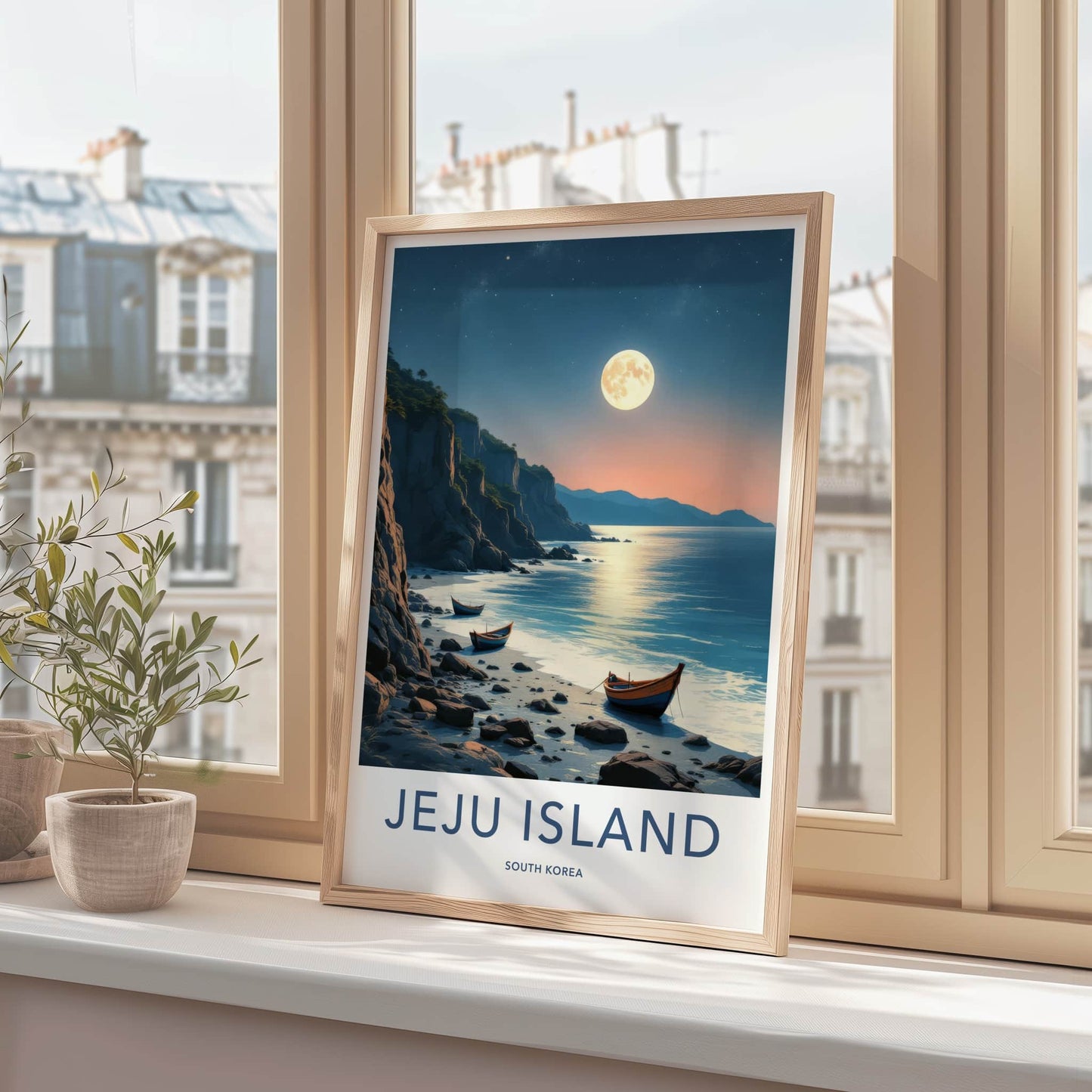Jeju Island Poster - South Korea Travel Print - Moonlit Coastal Boats Home Decor