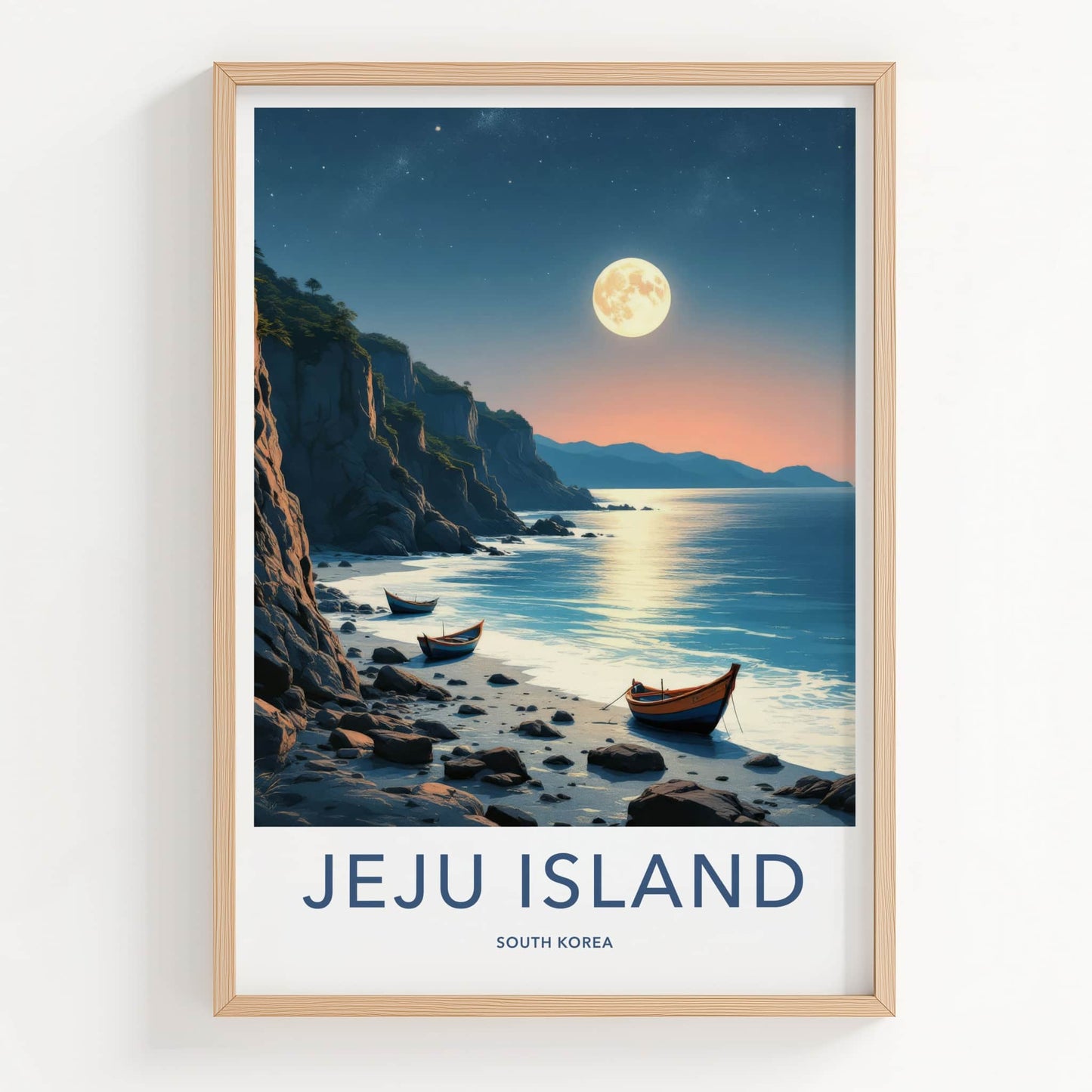 Jeju Island Poster - South Korea Travel Print - Moonlit Coastal Boats Home Decor