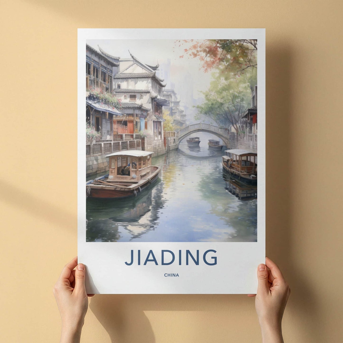 Jiading Poster - China Travel Art - Boats Stone Bridge Home Decor