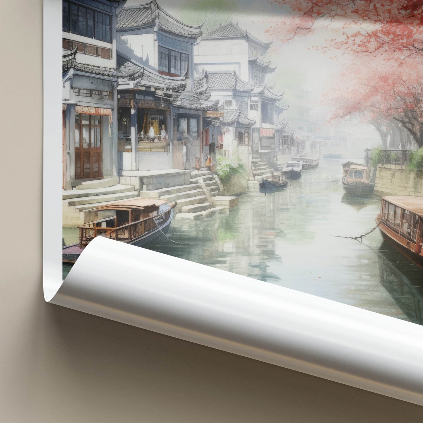 Jiading Poster - China Travel Art - Cherry Blossom Canal Home Decor
