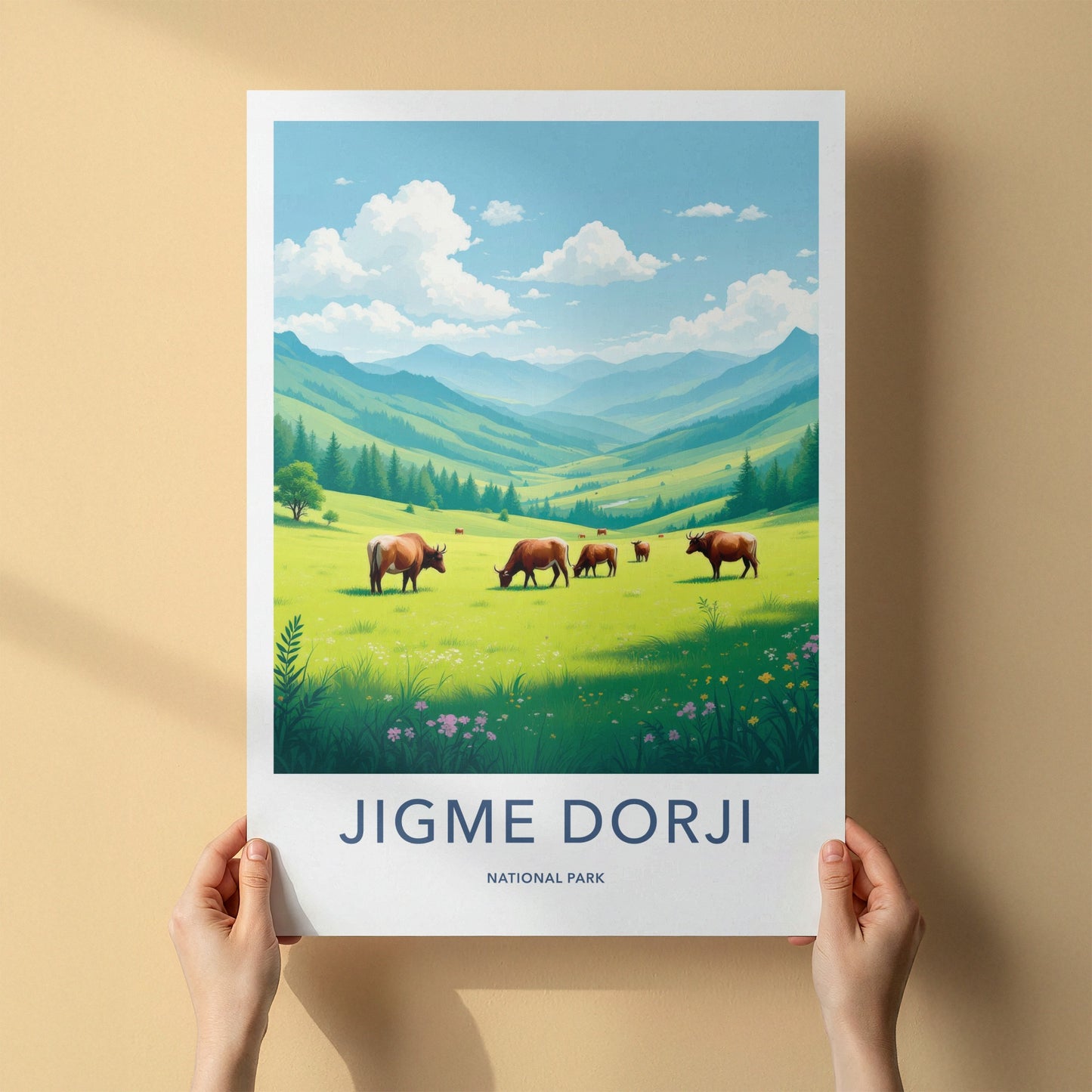 Jigme Dorji National Park Poster - Bhutan Travel Art - Cattle Grazing Valley Home Decor