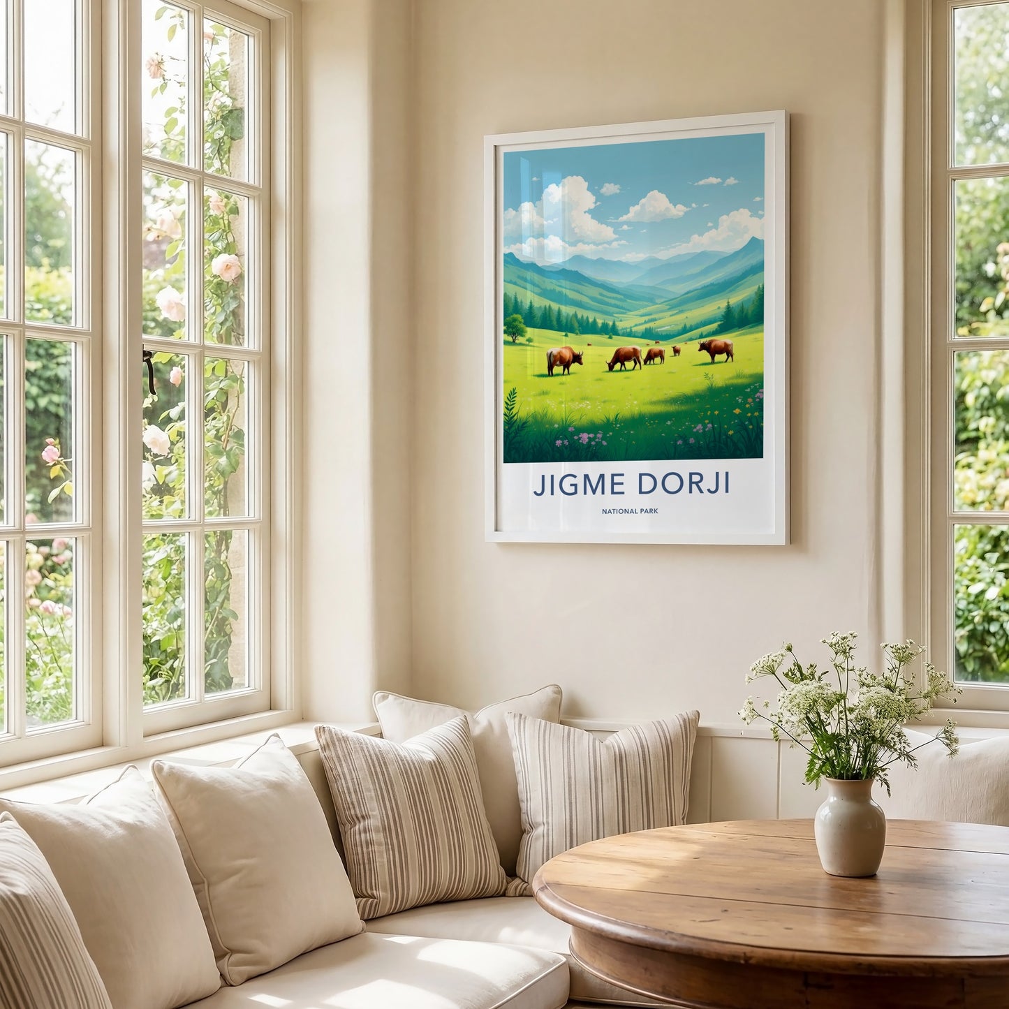 Jigme Dorji National Park Poster - Bhutan Travel Art - Cattle Grazing Valley Home Decor