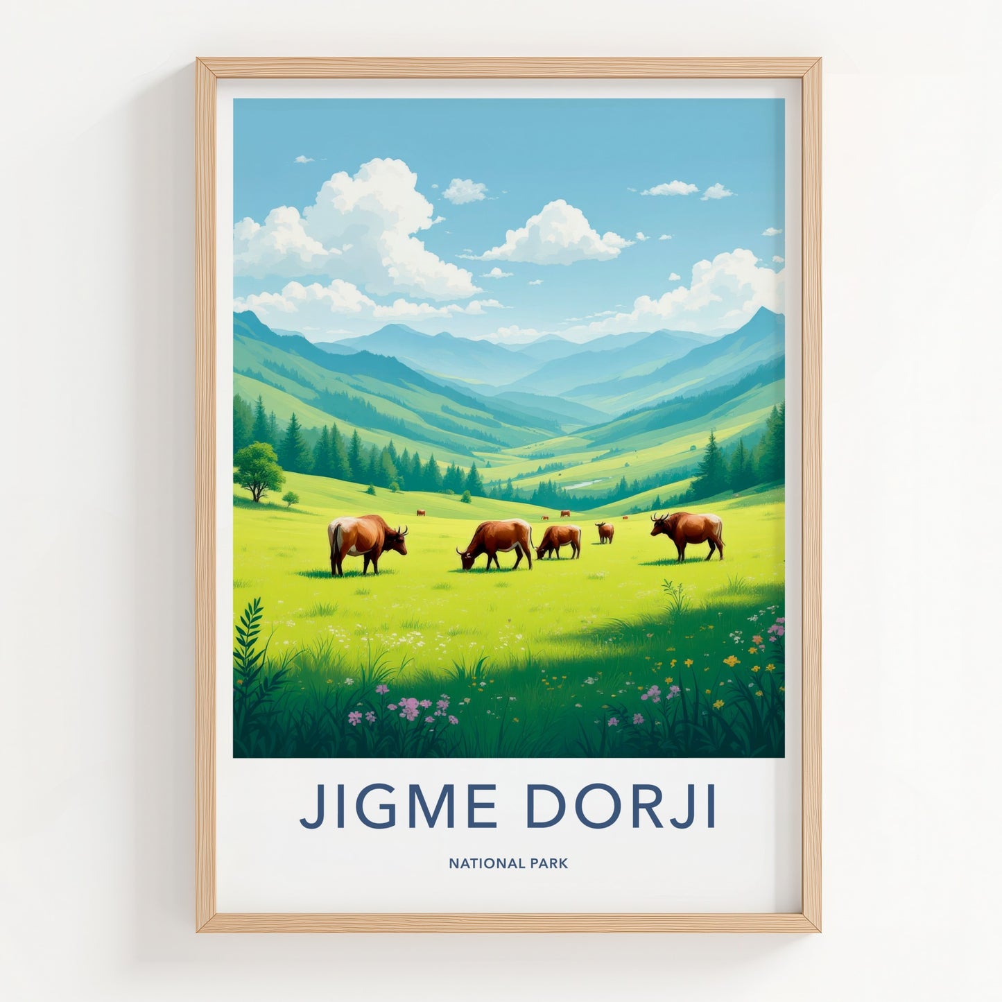 Jigme Dorji National Park Poster - Bhutan Travel Art - Cattle Grazing Valley Home Decor