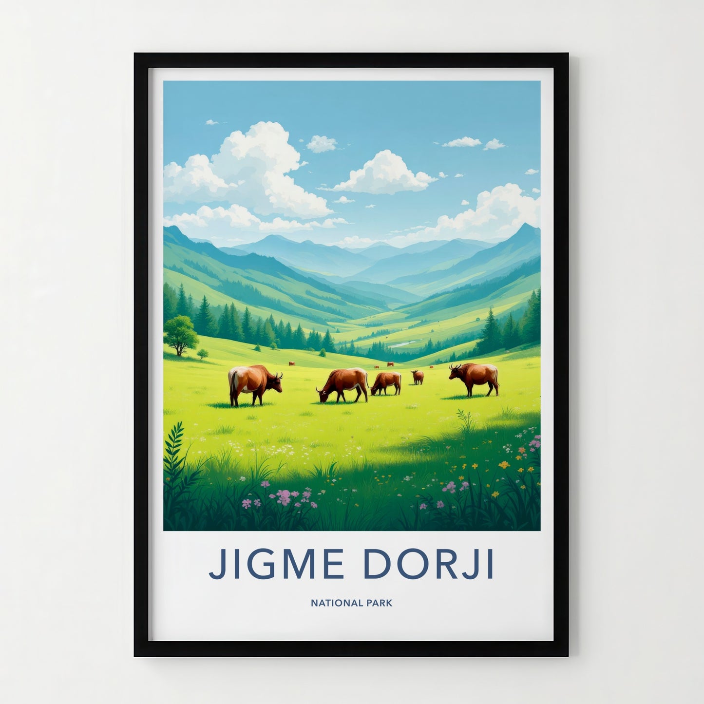 Jigme Dorji National Park Poster - Bhutan Travel Art - Cattle Grazing Valley Home Decor