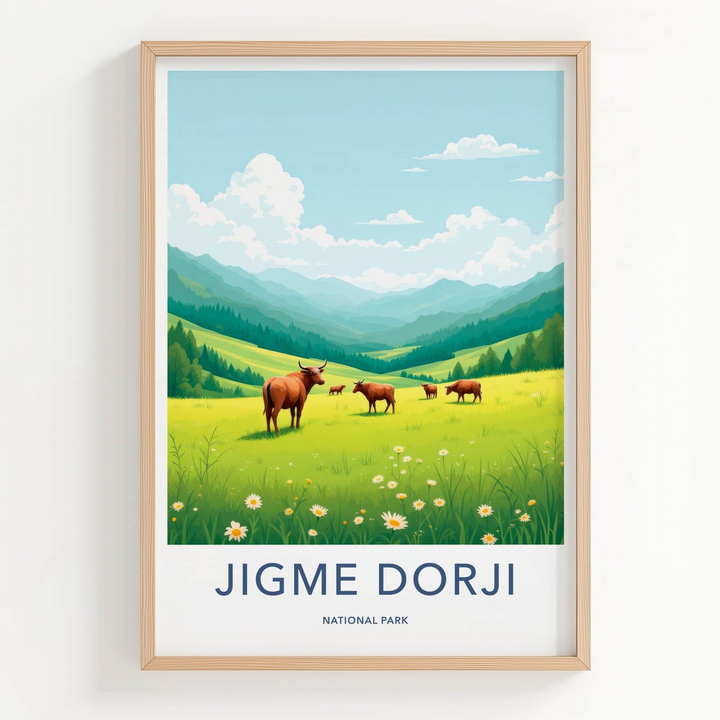 Jigme Dorji National Park Poster - Bhutan Travel Art - Green Mountains Cows Home Decor