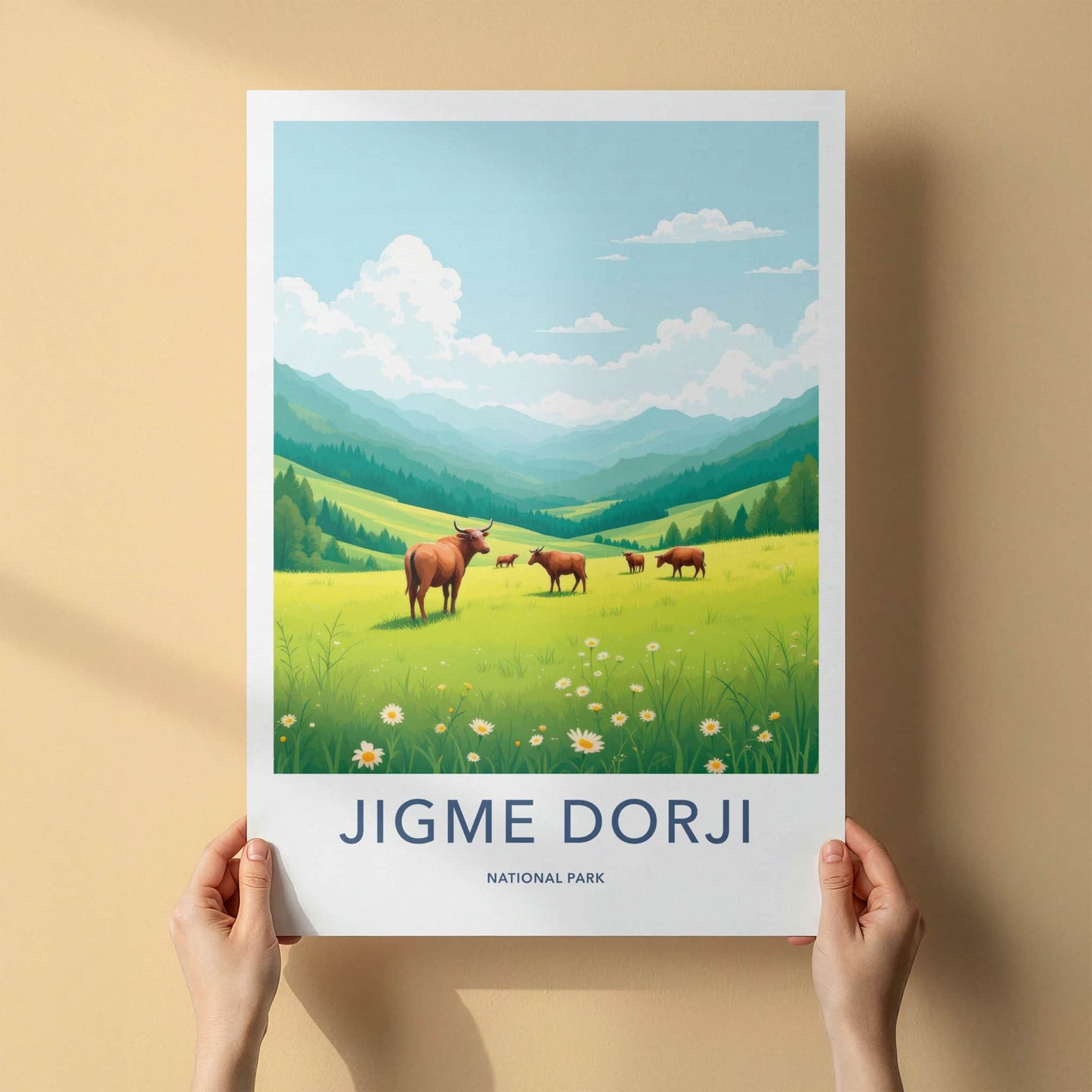 Jigme Dorji National Park Poster - Bhutan Travel Art - Green Mountains Cows Home Decor