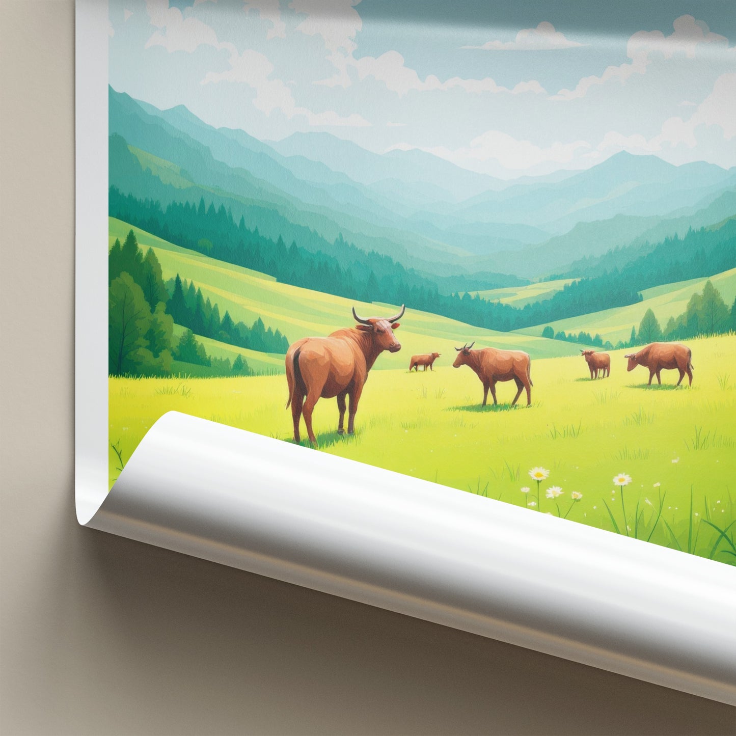 Jigme Dorji National Park Poster - Bhutan Travel Art - Green Mountains Cows Home Decor