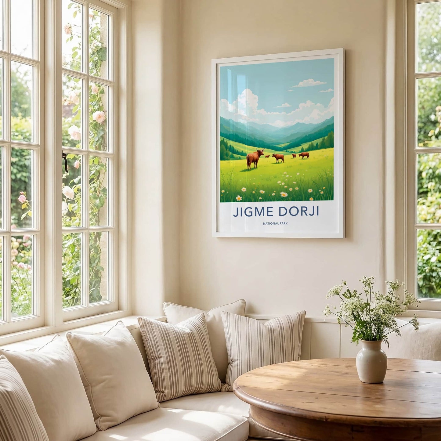 Jigme Dorji National Park Poster - Bhutan Travel Art - Green Mountains Cows Home Decor