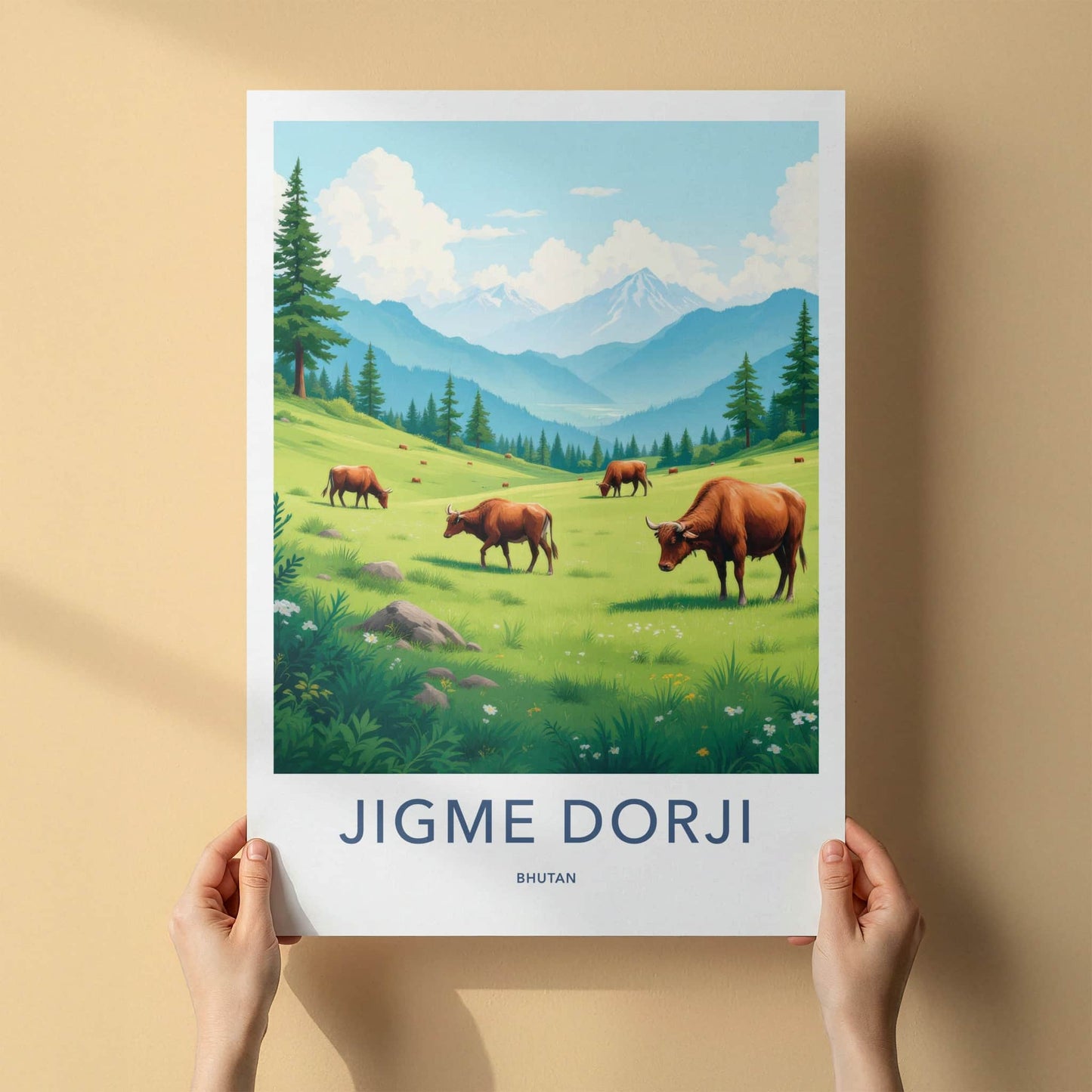 Jigme Dorji Poster - Bhutan Travel Art - Grazing Cows Mountains Home Decor