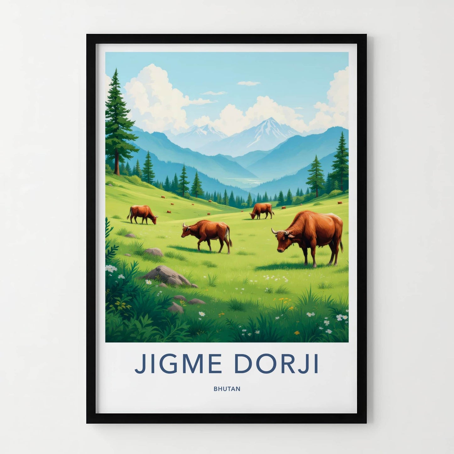 Jigme Dorji Poster - Bhutan Travel Art - Grazing Cows Mountains Home Decor