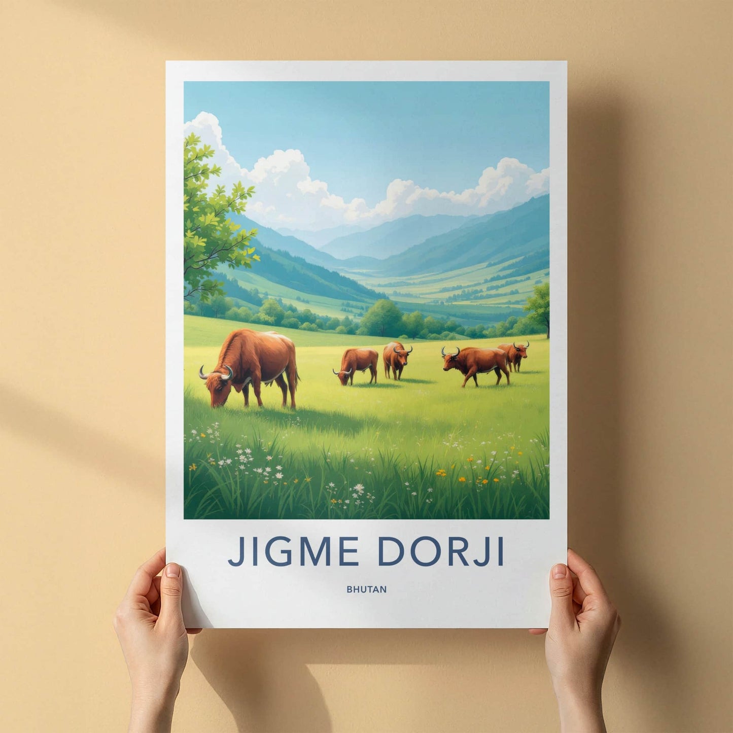Jigme Dorji Poster - Bhutan Travel Art - Grazing Mountain Valley Home Decor