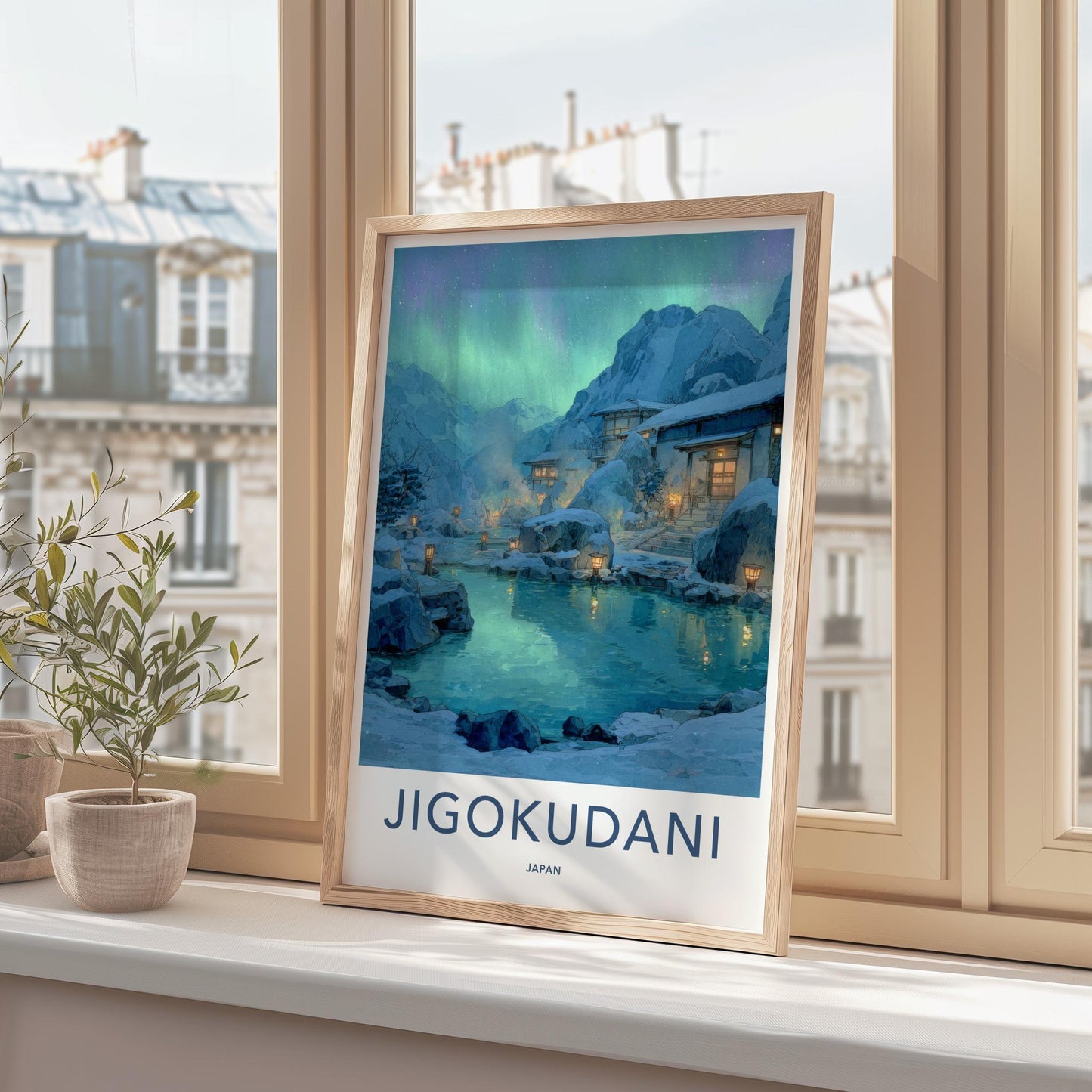 Jigokudani Poster - Japan Travel Art - Northern Lights Onsen Home Decor