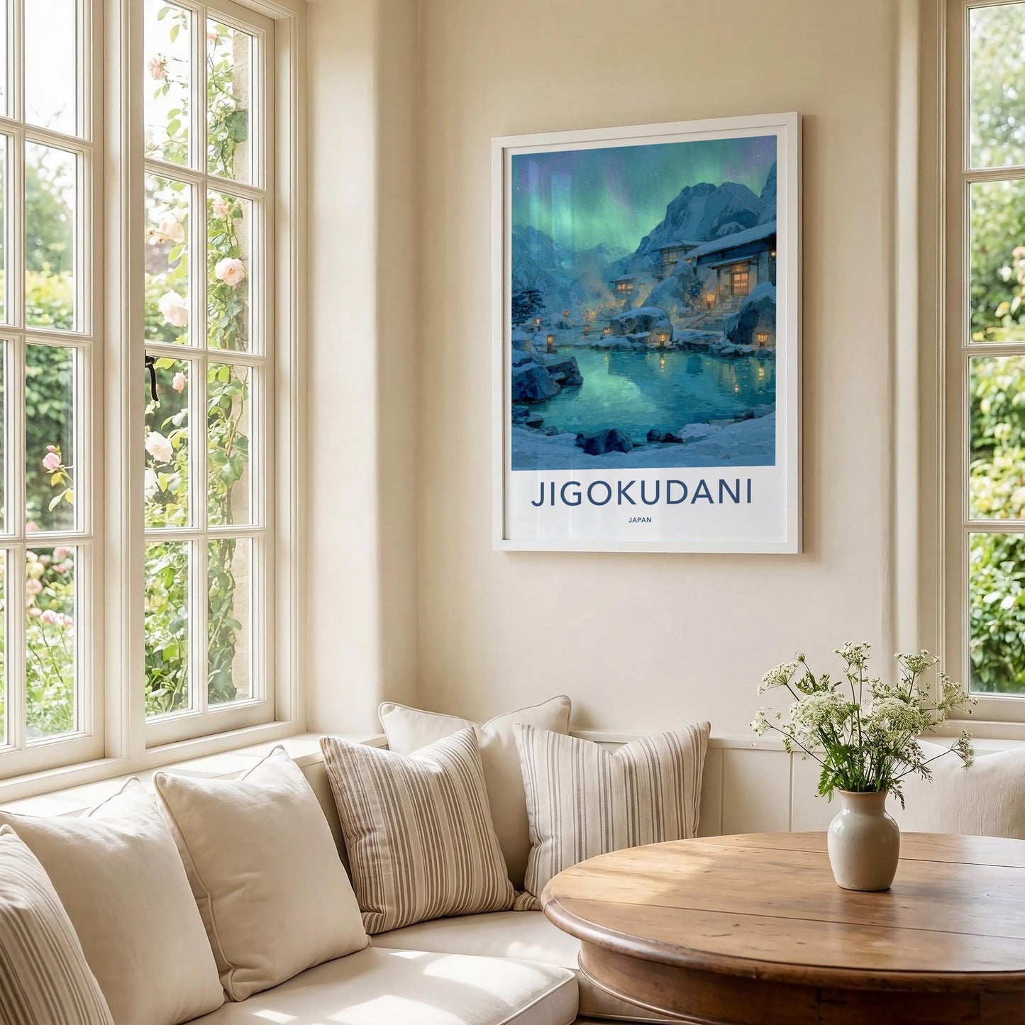 Jigokudani Poster - Japan Travel Art - Northern Lights Onsen Home Decor