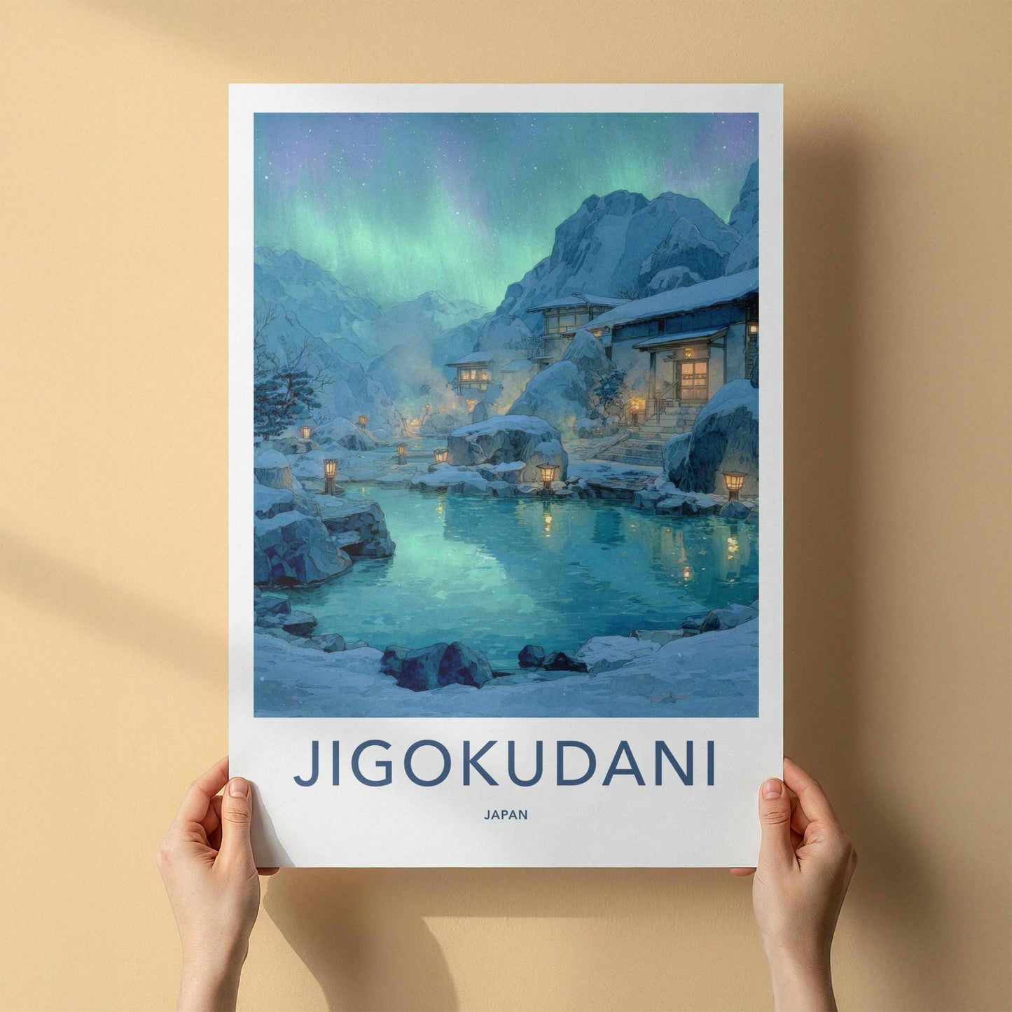 Jigokudani Poster - Japan Travel Art - Northern Lights Onsen Home Decor
