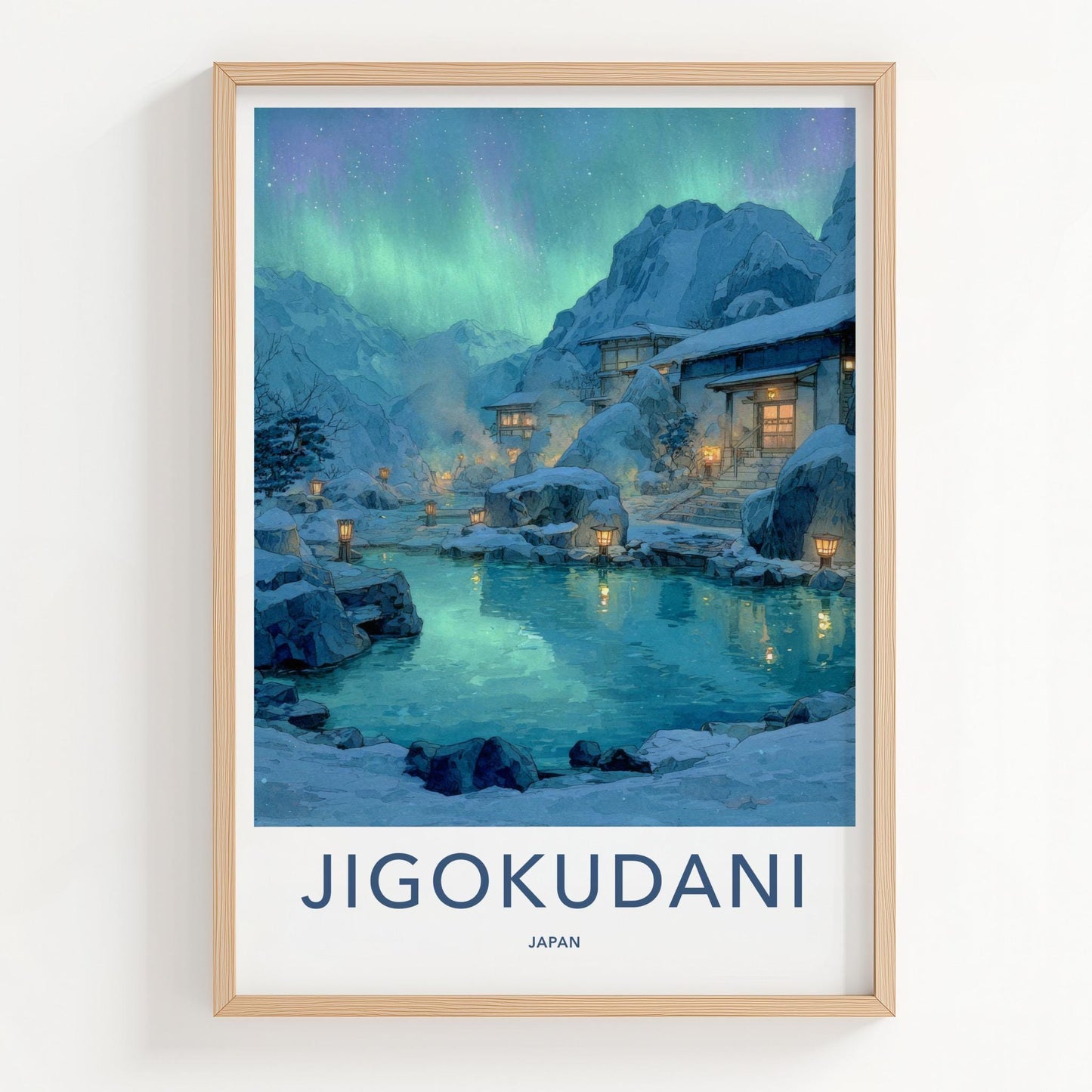 Jigokudani Poster - Japan Travel Art - Northern Lights Onsen Home Decor