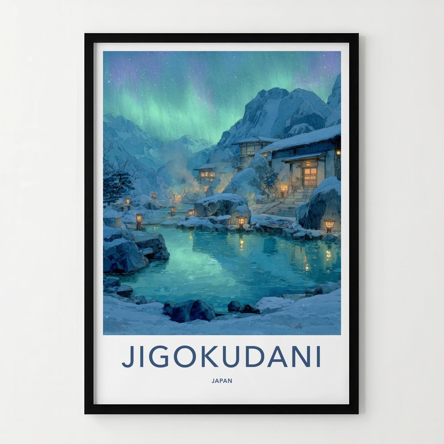 Jigokudani Poster - Japan Travel Art - Northern Lights Onsen Home Decor