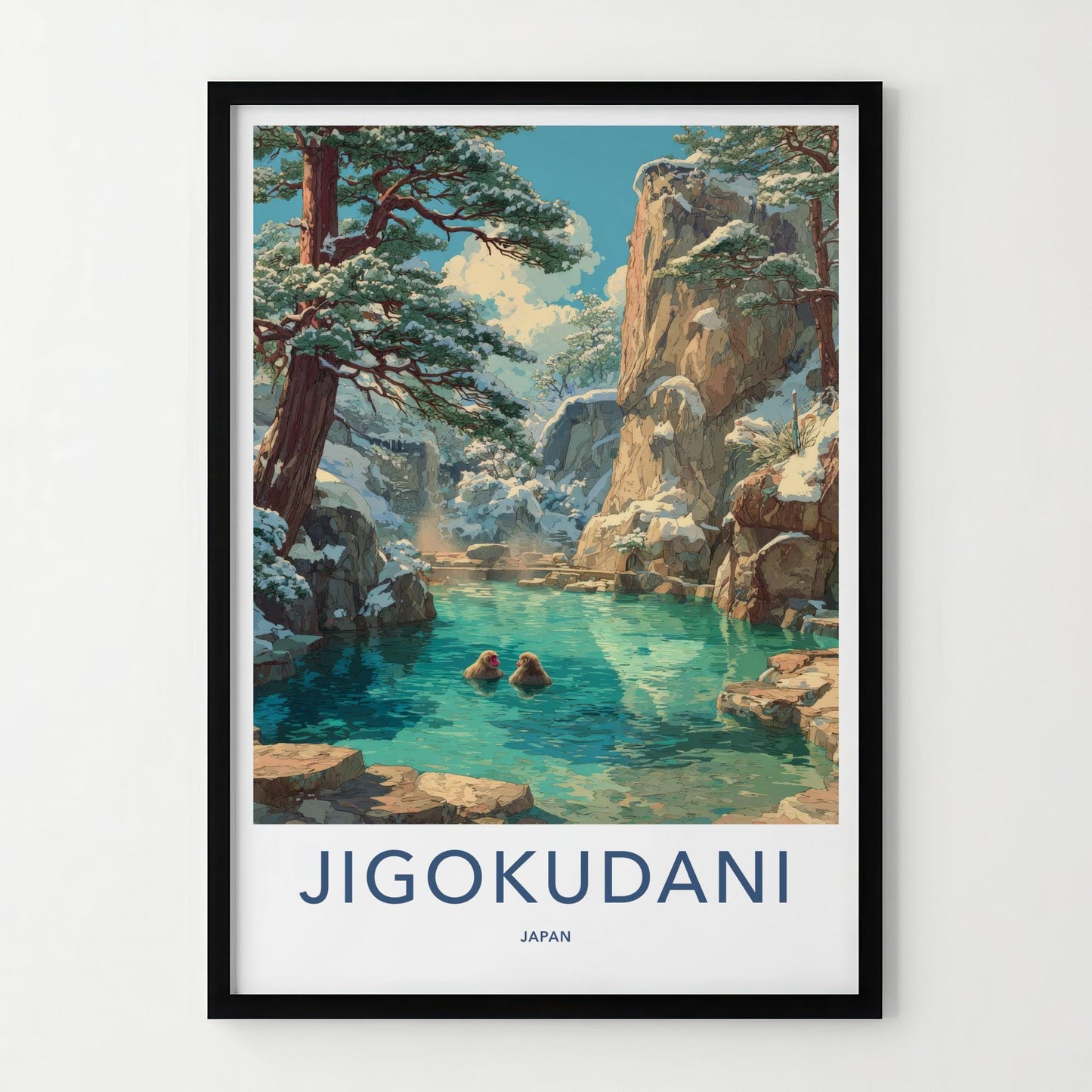 Jigokudani Poster - Japan Travel Art - Snow Monkeys Bathing Home Decor