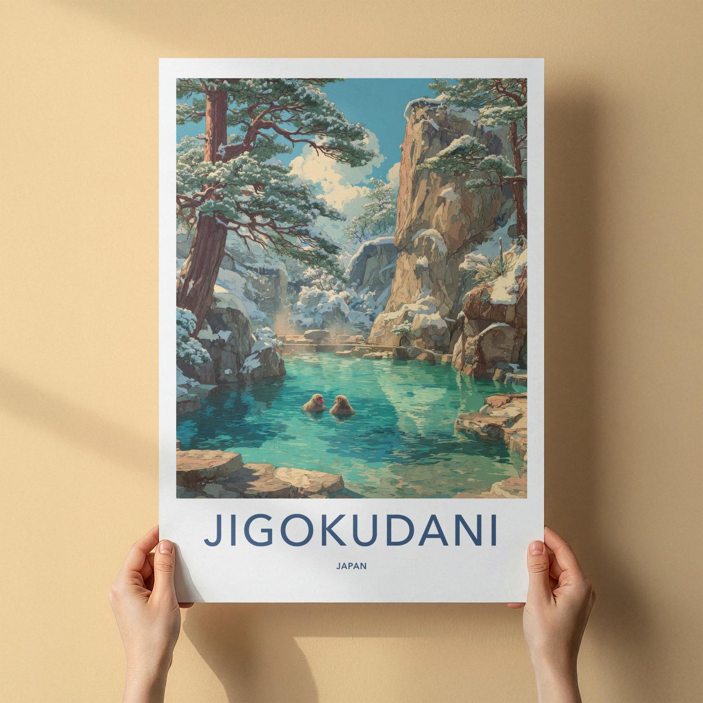 Jigokudani Poster - Japan Travel Art - Snow Monkeys Bathing Home Decor