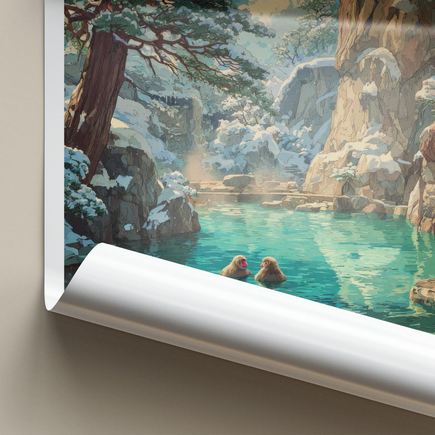 Jigokudani Poster - Japan Travel Art - Snow Monkeys Bathing Home Decor
