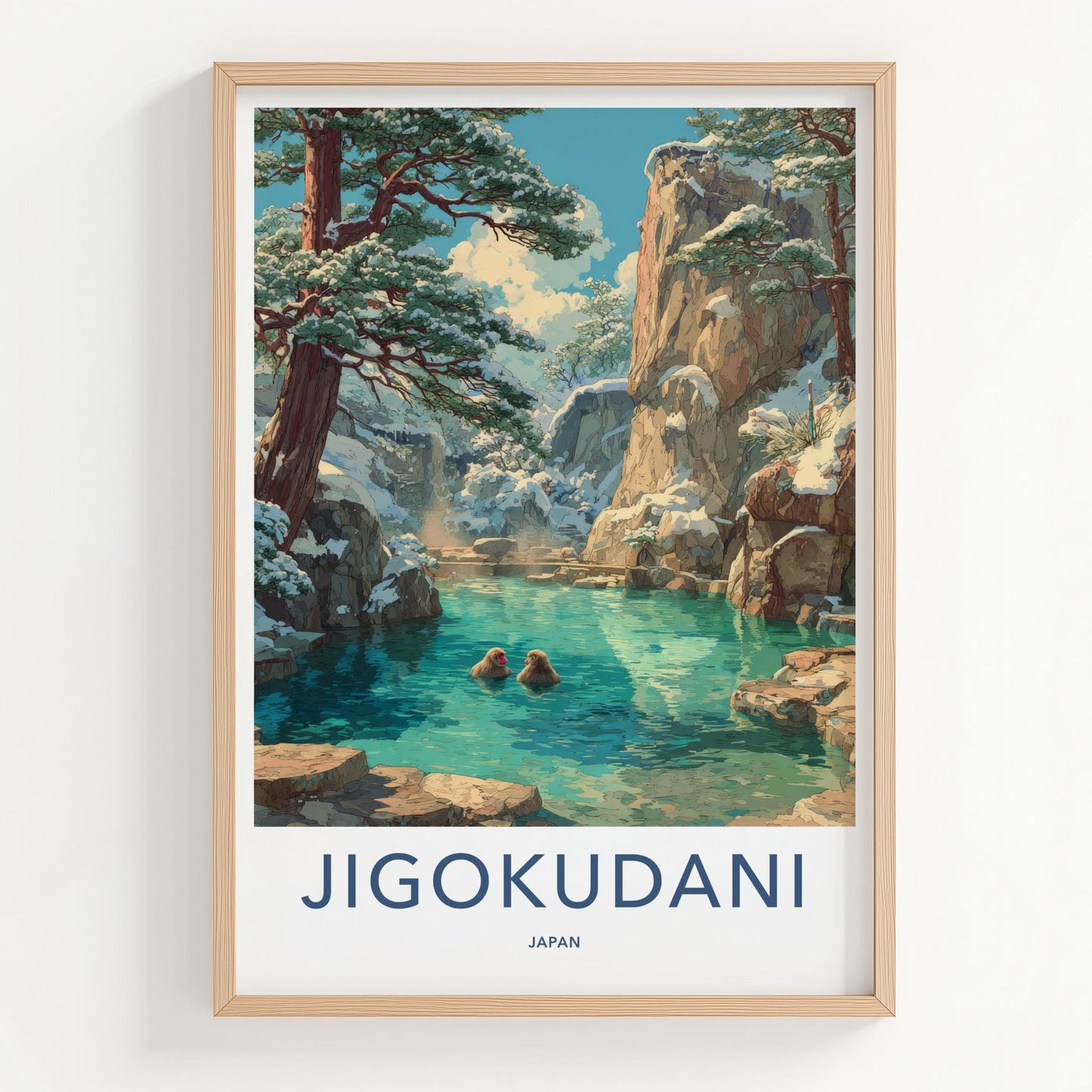 Jigokudani Poster - Japan Travel Art - Snow Monkeys Bathing Home Decor