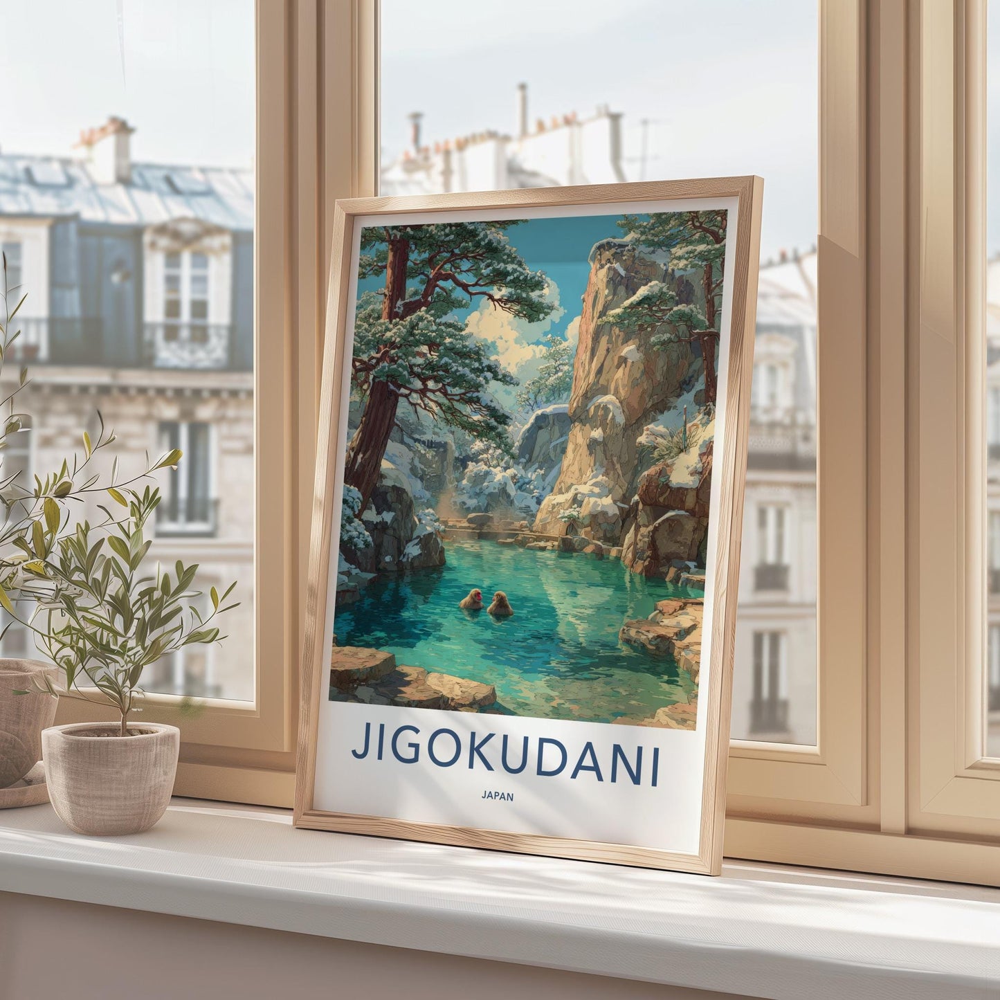 Jigokudani Poster - Japan Travel Art - Snow Monkeys Bathing Home Decor