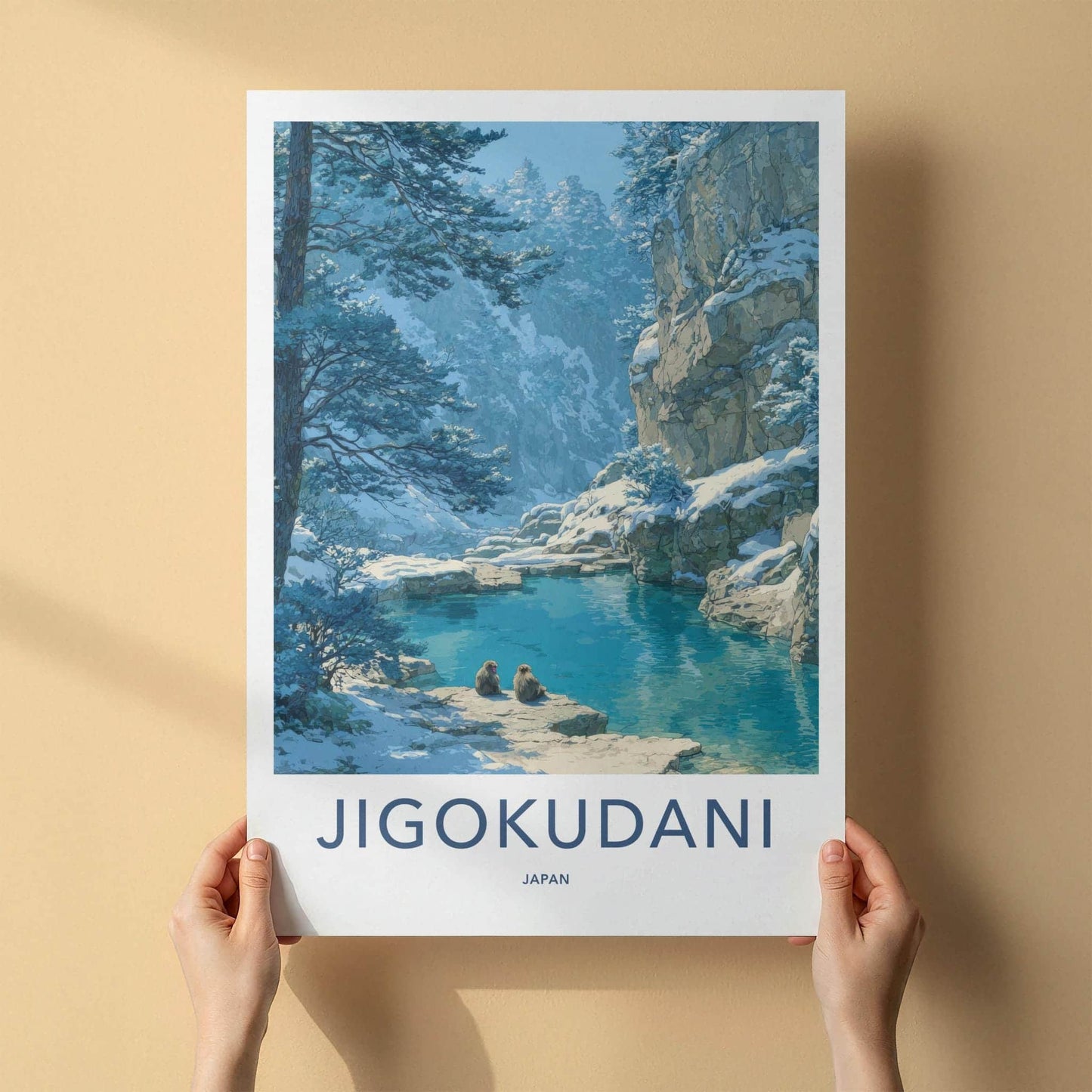 Jigokudani Poster - Japan Travel Art - Snow Monkeys Spring Wall Decor
