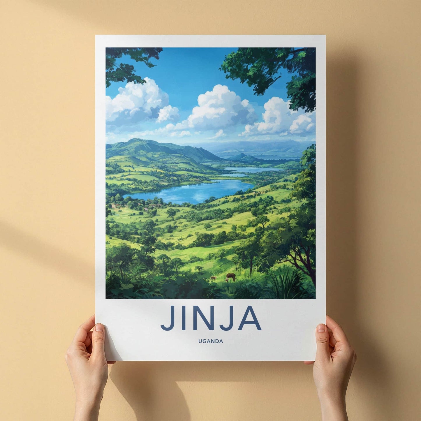 Jinja Poster - Uganda Travel Print - Lush Lake Valley Home Decor