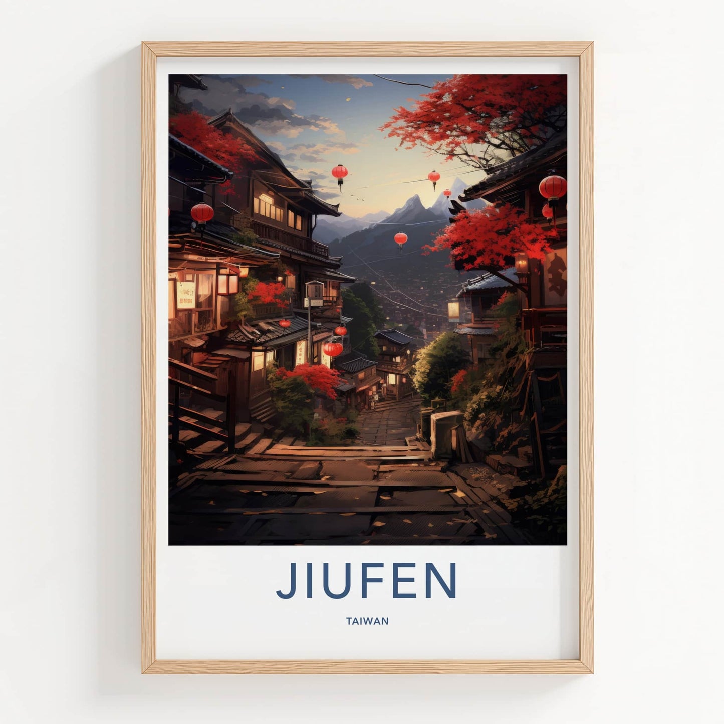 Jiufen Poster - Taiwan Travel Art - Glowing Lantern Pathway Home Decor