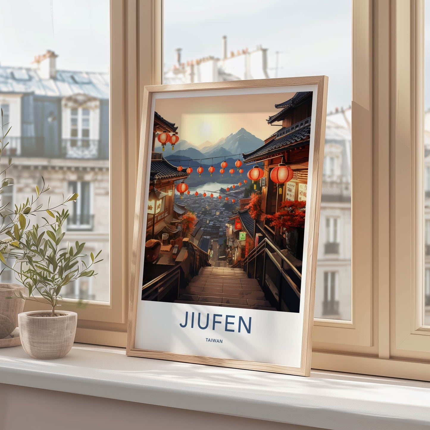 Jiufen Poster - Taiwan Travel Art - Lantern Lit Stairs Home Decor
