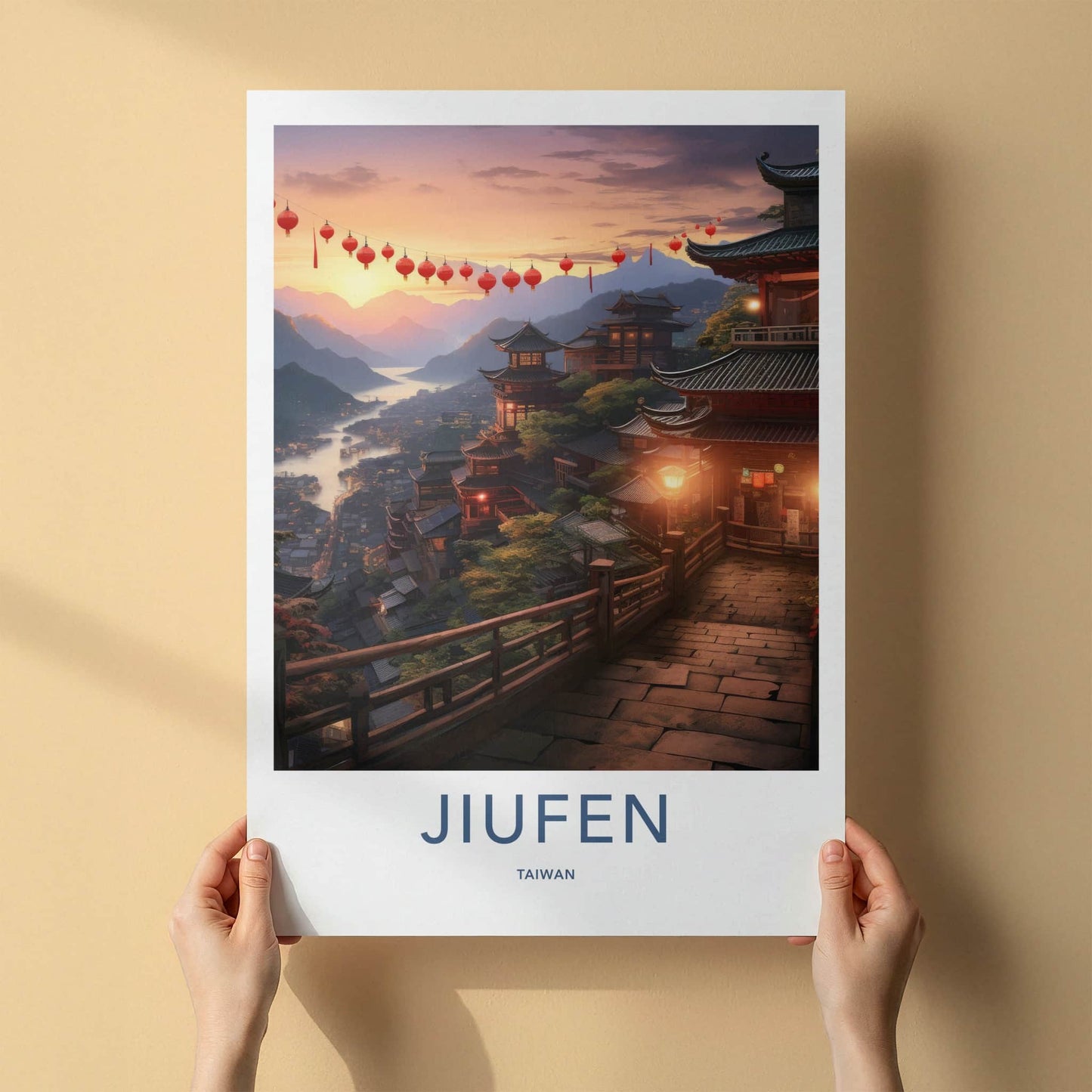 Jiufen Poster - Taiwan Travel Art - Lantern Lit Village Home Decor