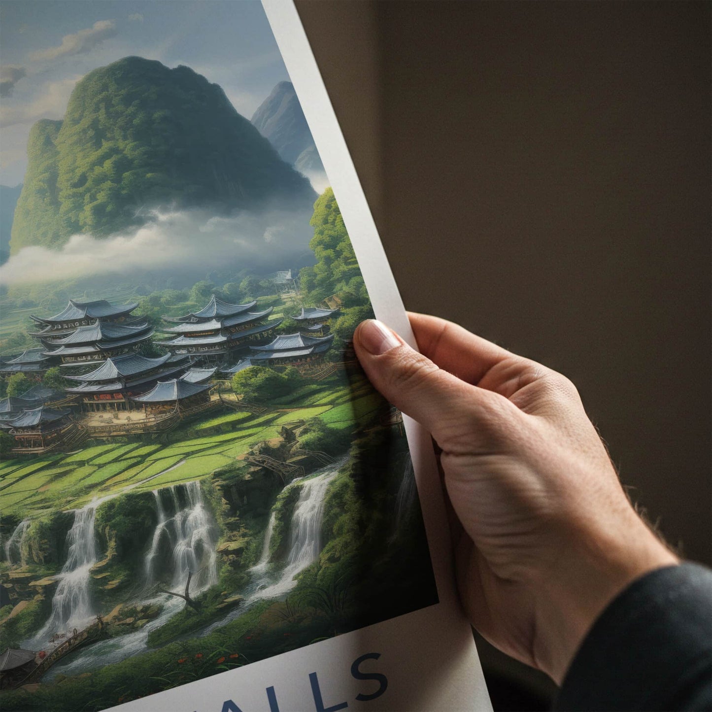 Jiulong Falls Poster - China Travel Art - Lush Valley Temples Home Decor