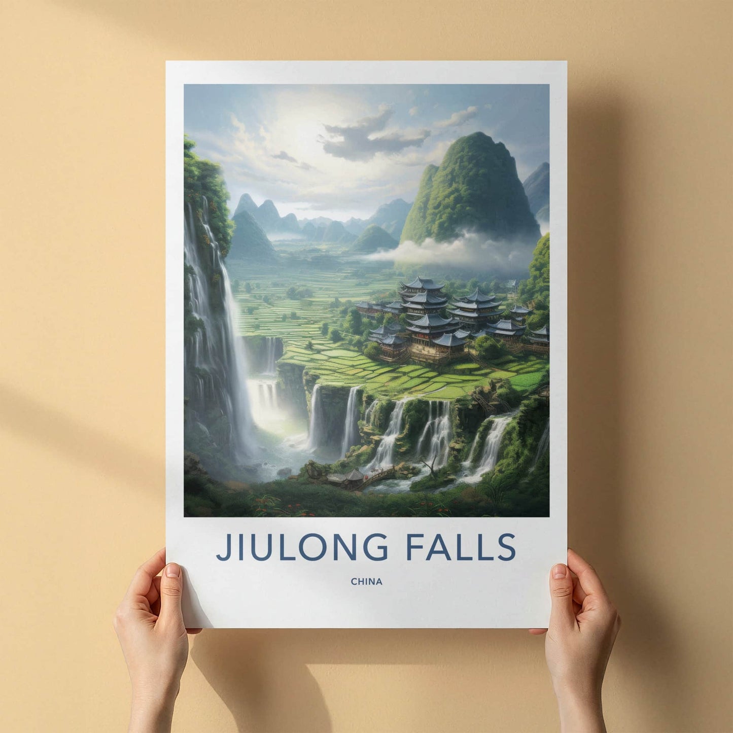 Jiulong Falls Poster - China Travel Art - Lush Valley Temples Home Decor