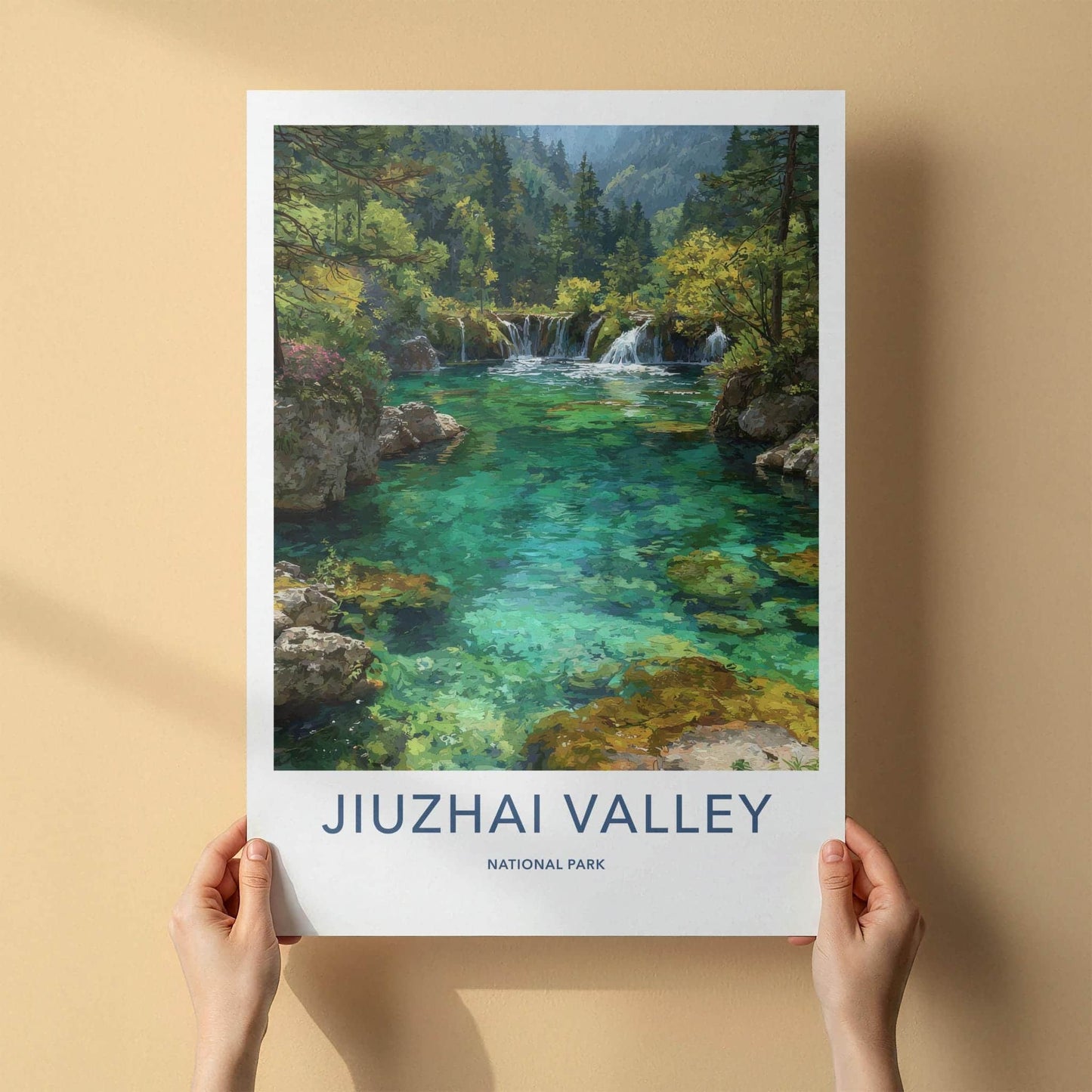 Jiuzhai Valley Poster - China Travel Art - Emerald Waterfalls Forest Home Decor