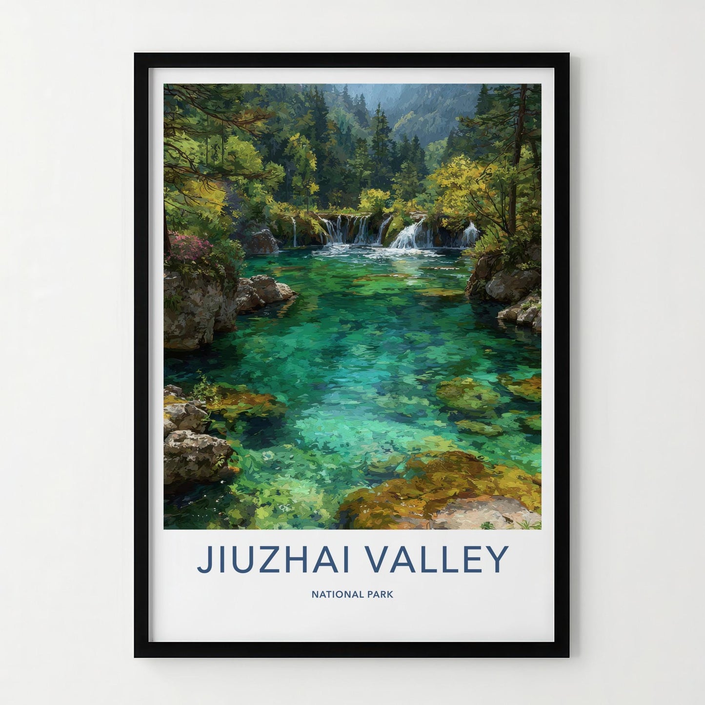 Jiuzhai Valley Poster - China Travel Art - Emerald Waterfalls Forest Home Decor