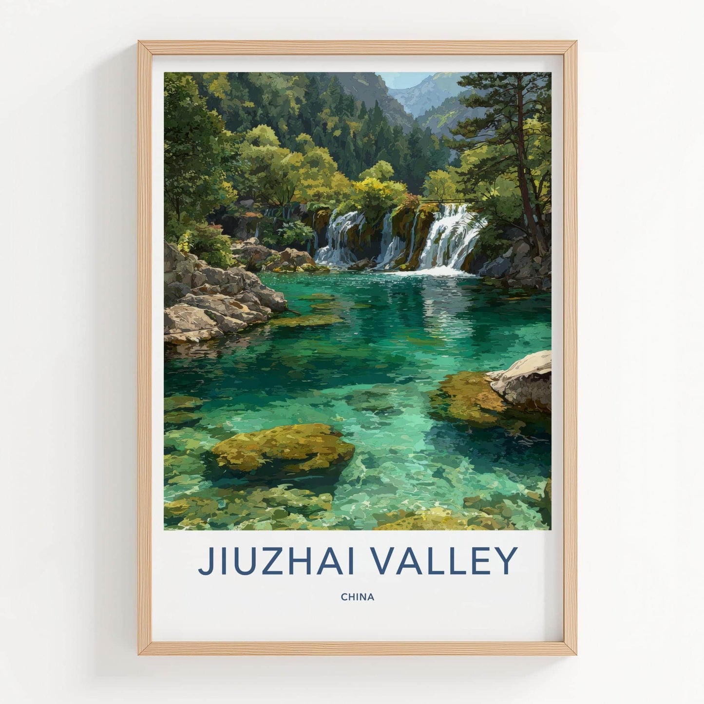 Jiuzhai Valley Poster - China Wall Art - Lush Forest Waterfalls Home Decor