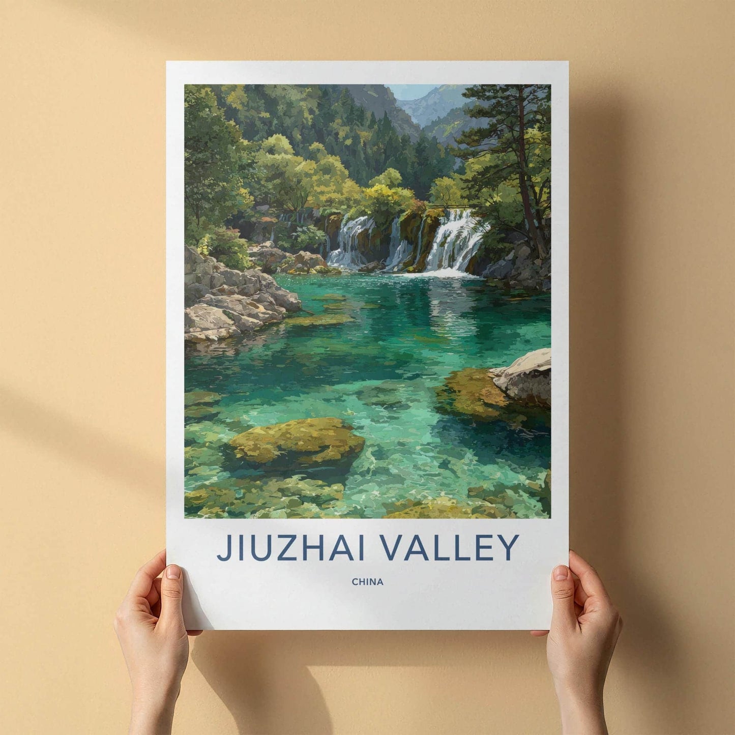Jiuzhai Valley Poster - China Wall Art - Lush Forest Waterfalls Home Decor