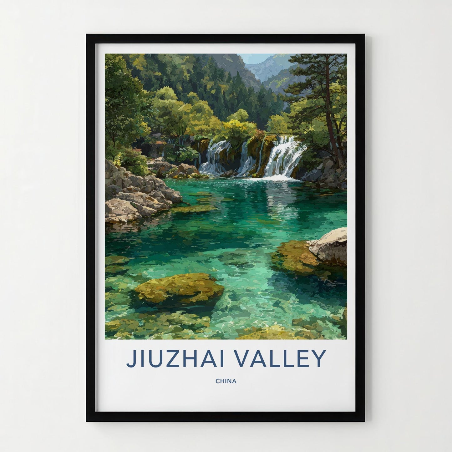 Jiuzhai Valley Poster - China Wall Art - Lush Forest Waterfalls Home Decor