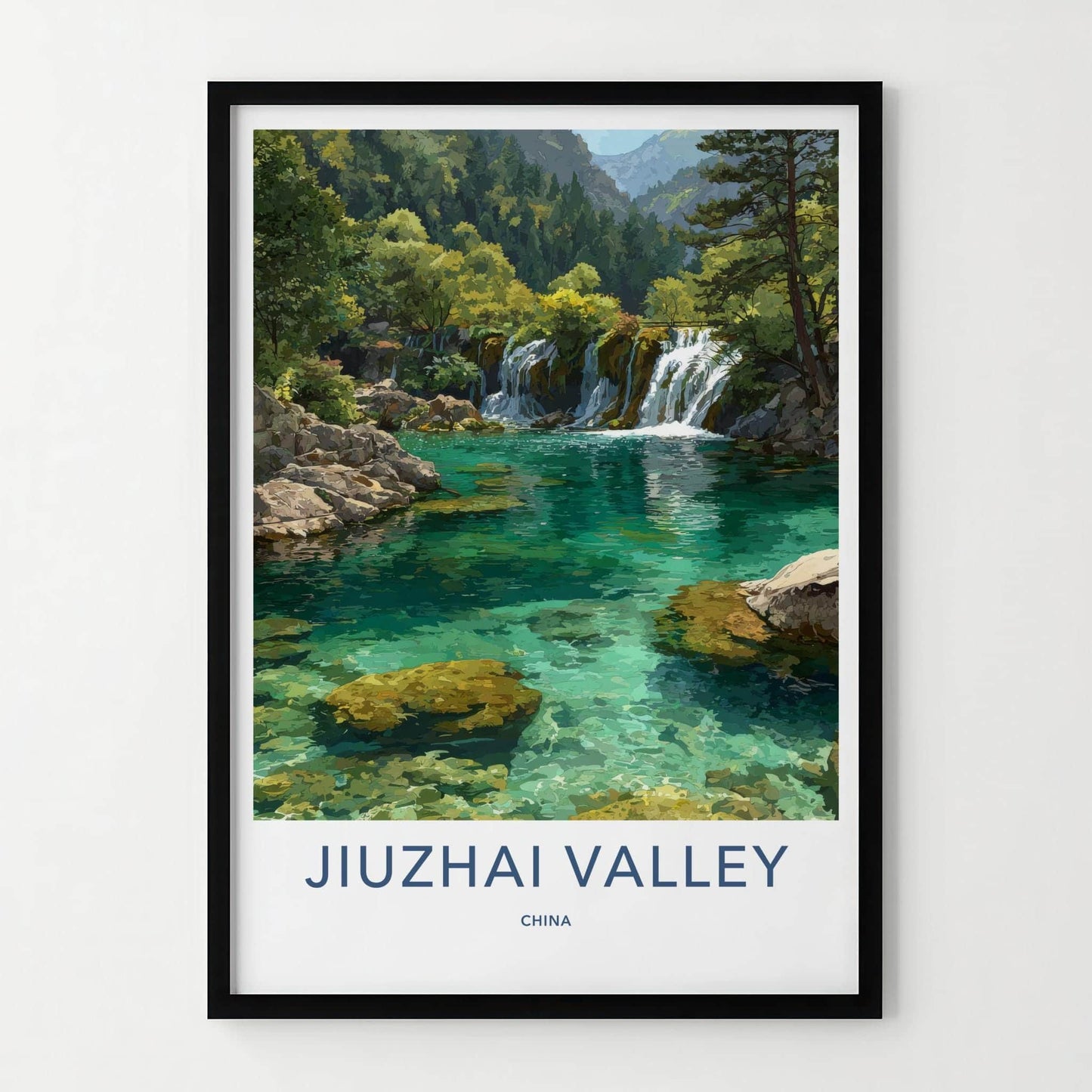 Jiuzhai Valley Poster - China Wall Art - Lush Forest Waterfalls Home Decor
